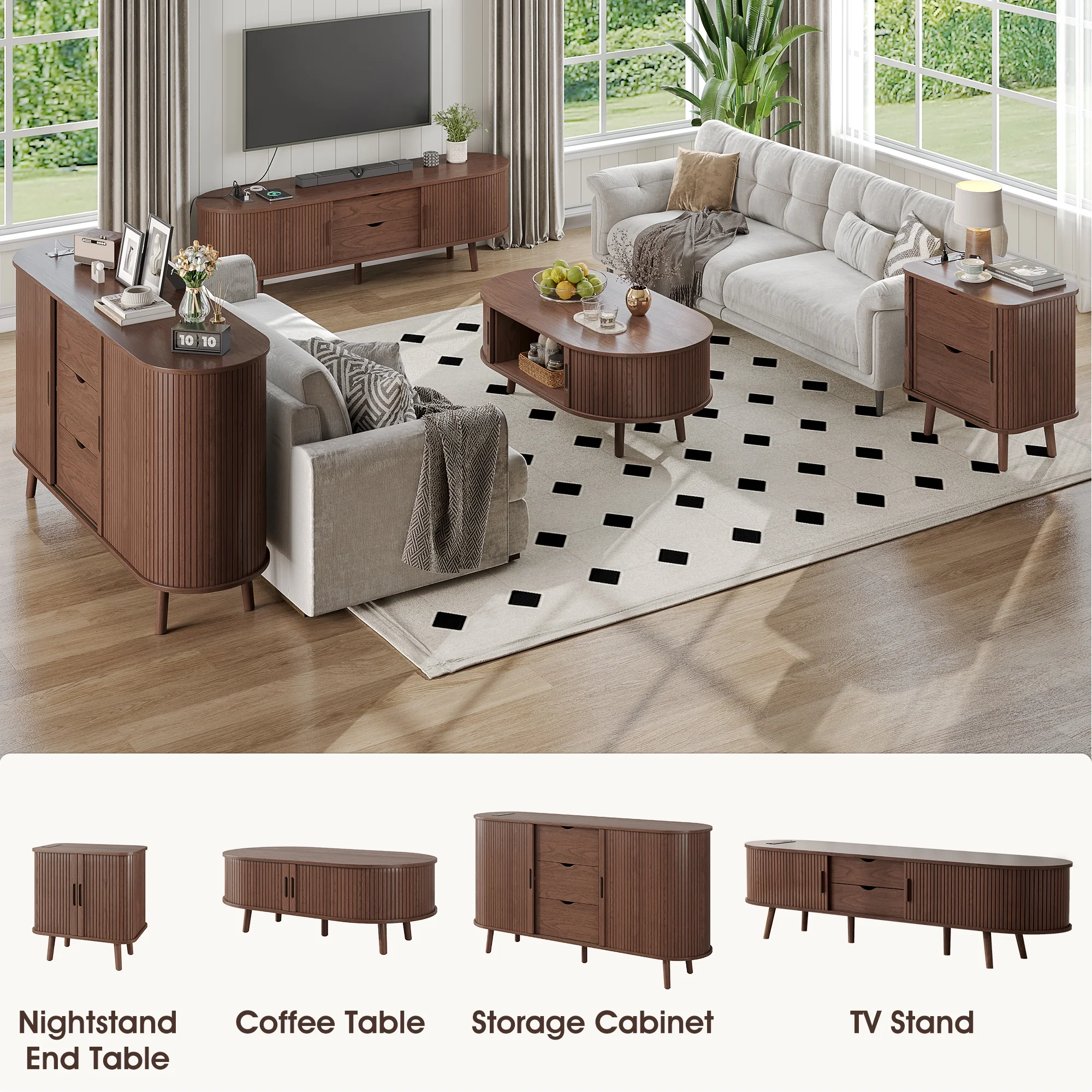Oval Coffee Table, 42.5" Drum Coffee Table with Sliding Tambour Door, Fluted Accent Center Table with Storage, Mid Century Modern Coffee Table for Living Room, Center Table Walnut - Image 6