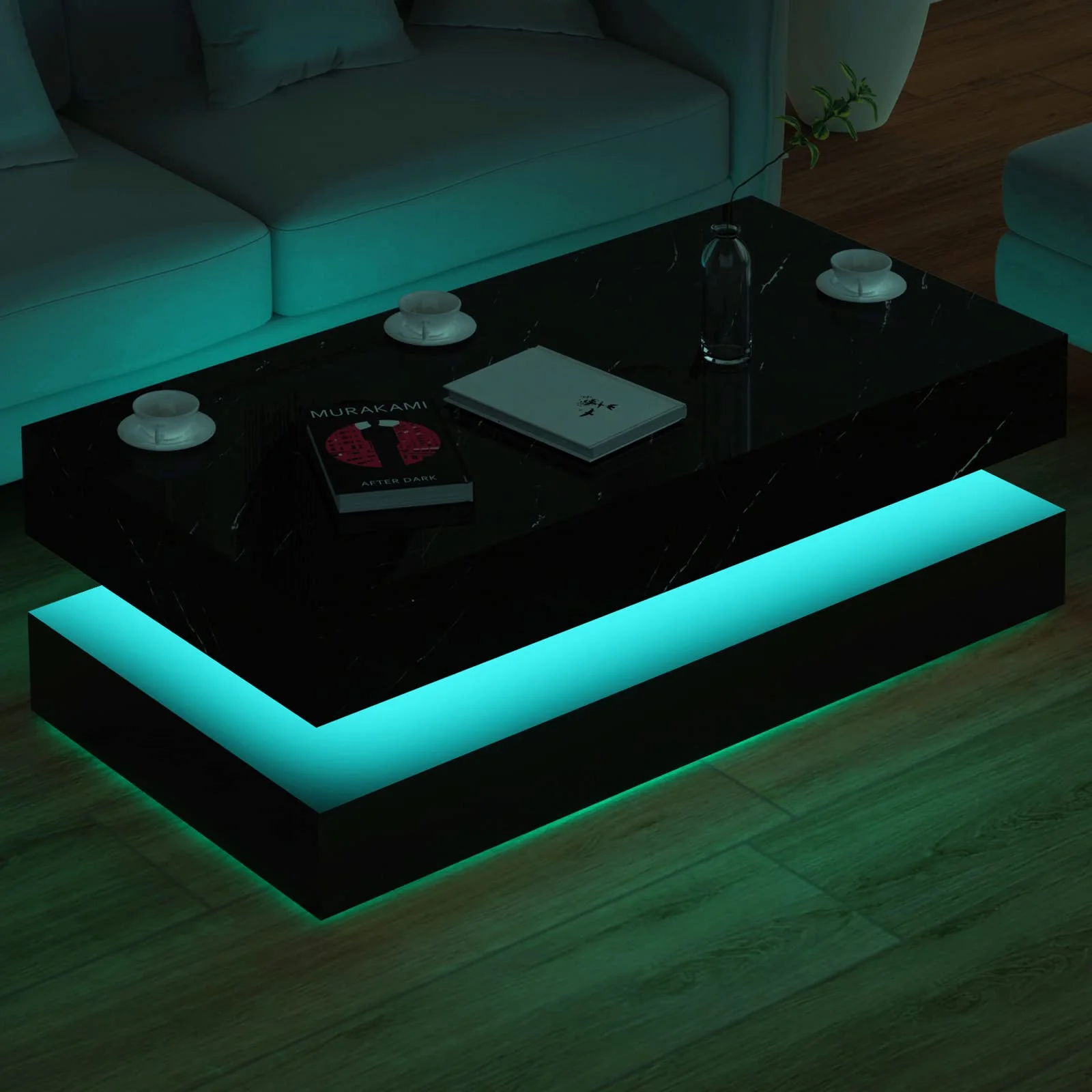 Large Black LED Coffee Table with 2 Storage Drawers, Modern High Gloss Coffee Table w/20 Colors LED Lights/APP Control, 2 Tiers Rectangle Large Living Room Furniture w/Marbling Print(47.3")(Black Marbling Print) - Image 6