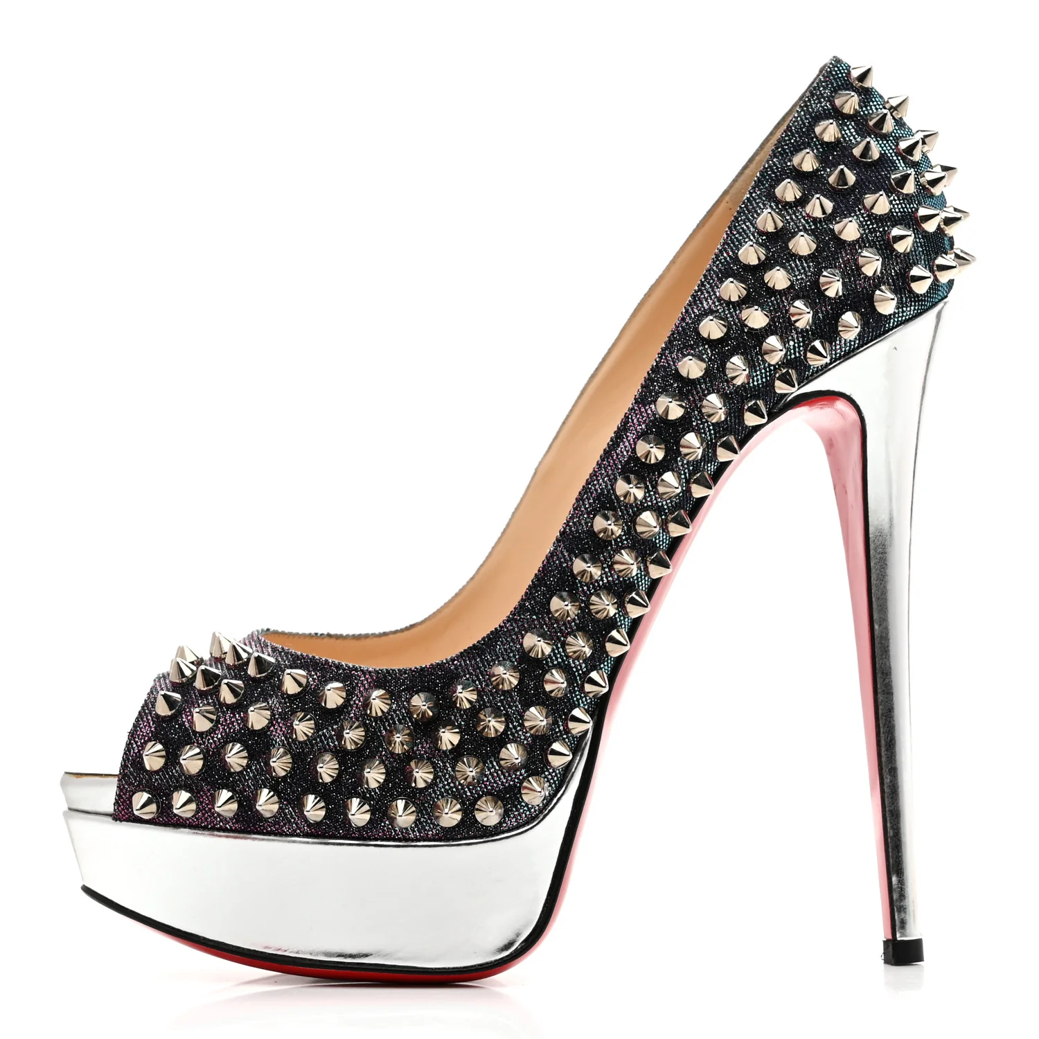 Lame Satin Lady Peep Spikes 150 Pumps 39 Turquoise Violet Silver