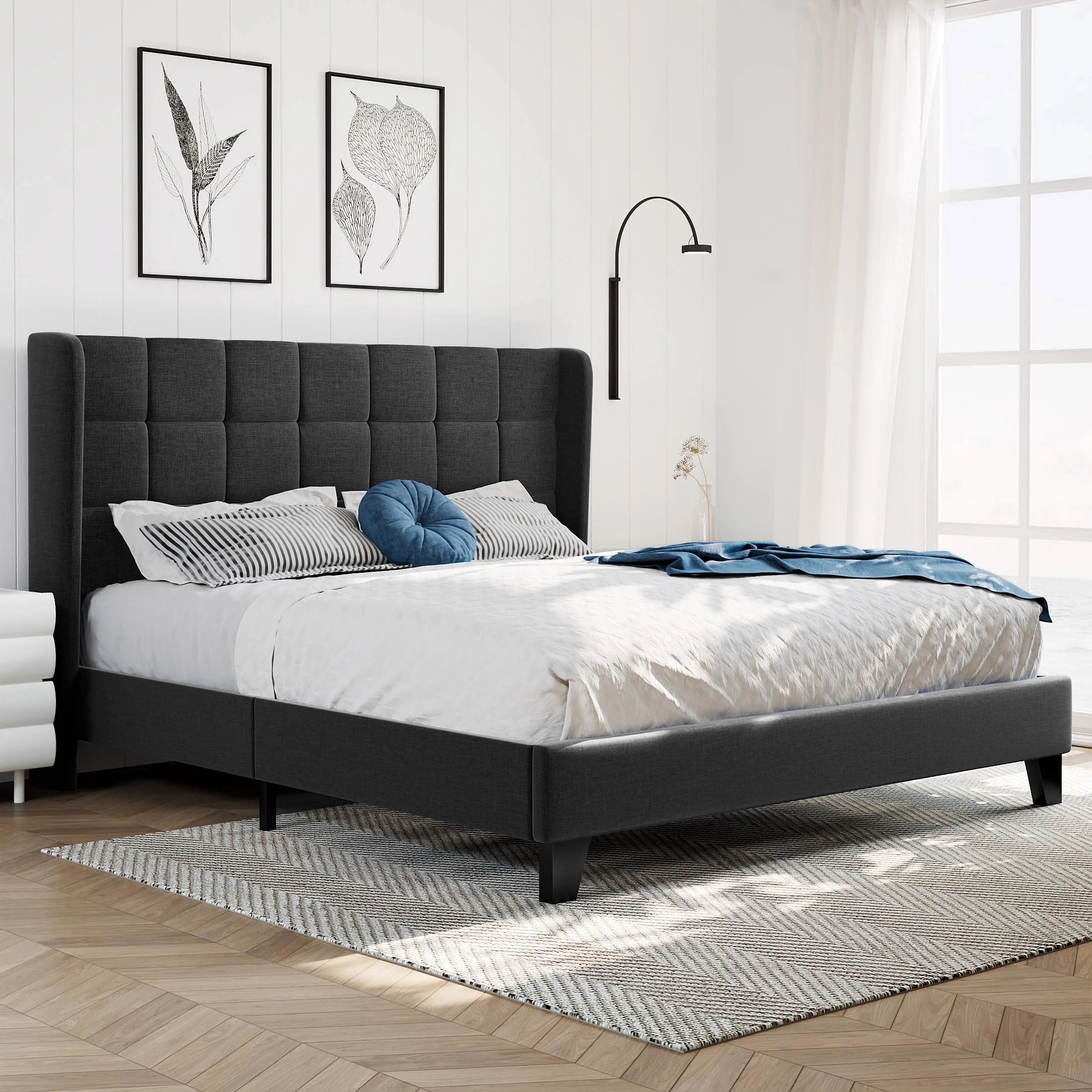 Queen Size Platform Bed with Wingback Headboard, Square Stitched Style, Dark Grey