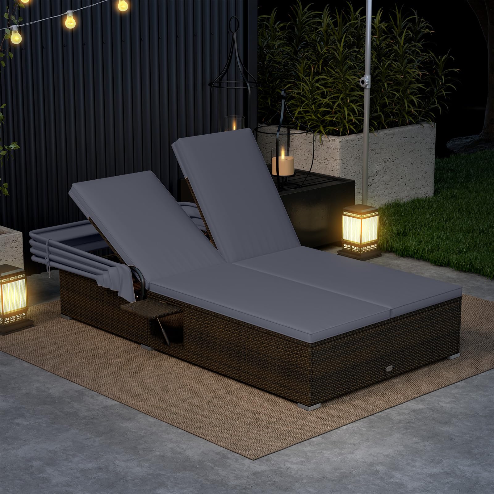 Tangkula Outdoor Rattan Daybed with Canopy & 6-Level Adjustable Backrests