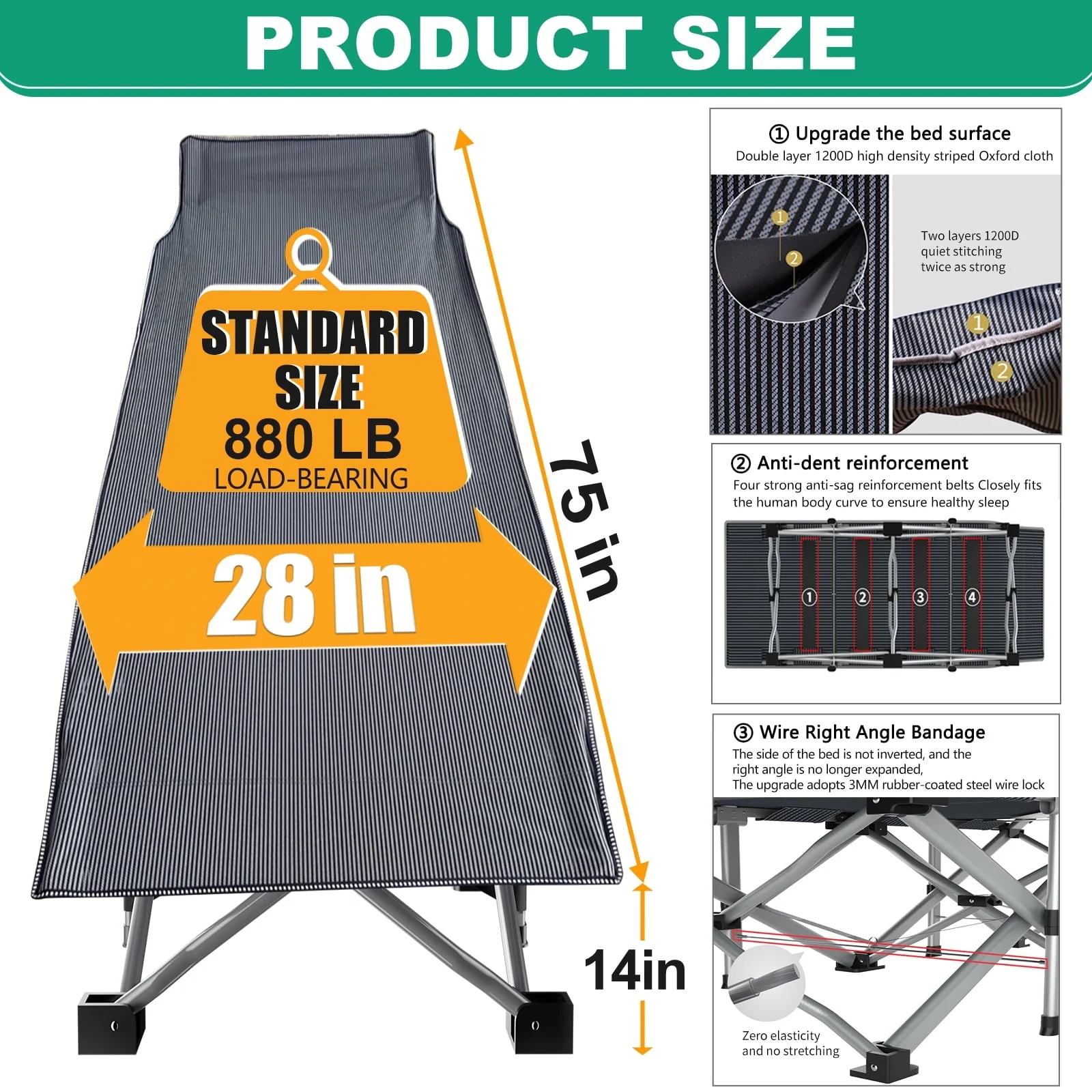 2 Pack Folding Bed Cot with 3.3 Inch 2 Sided Mattress, 75"* 28" Folding Camping Cots with Carry Bag, Portable Sleeping Cot Guest Bed - Image 3