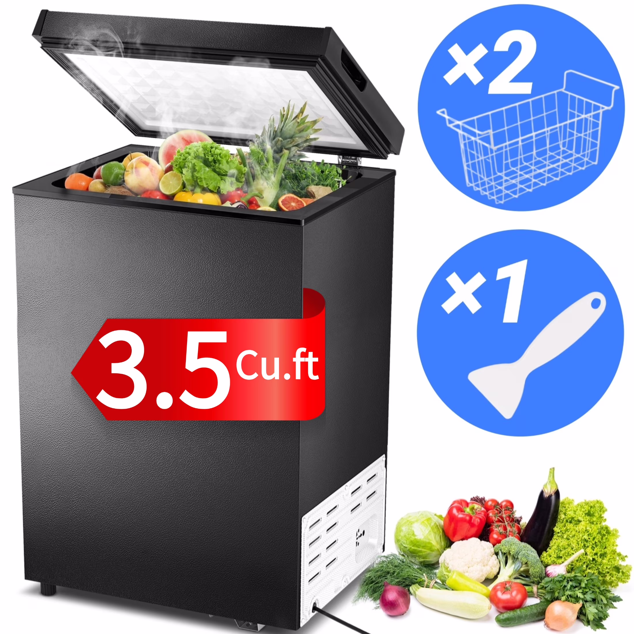 Mini Freezer Chest 3 5 cu ft, Black Deep Freezer Side Handle, Compact Freezer with 7 Gear Adjustable Temperature, Removable Storage Basket*2, Energy Saving(Black)