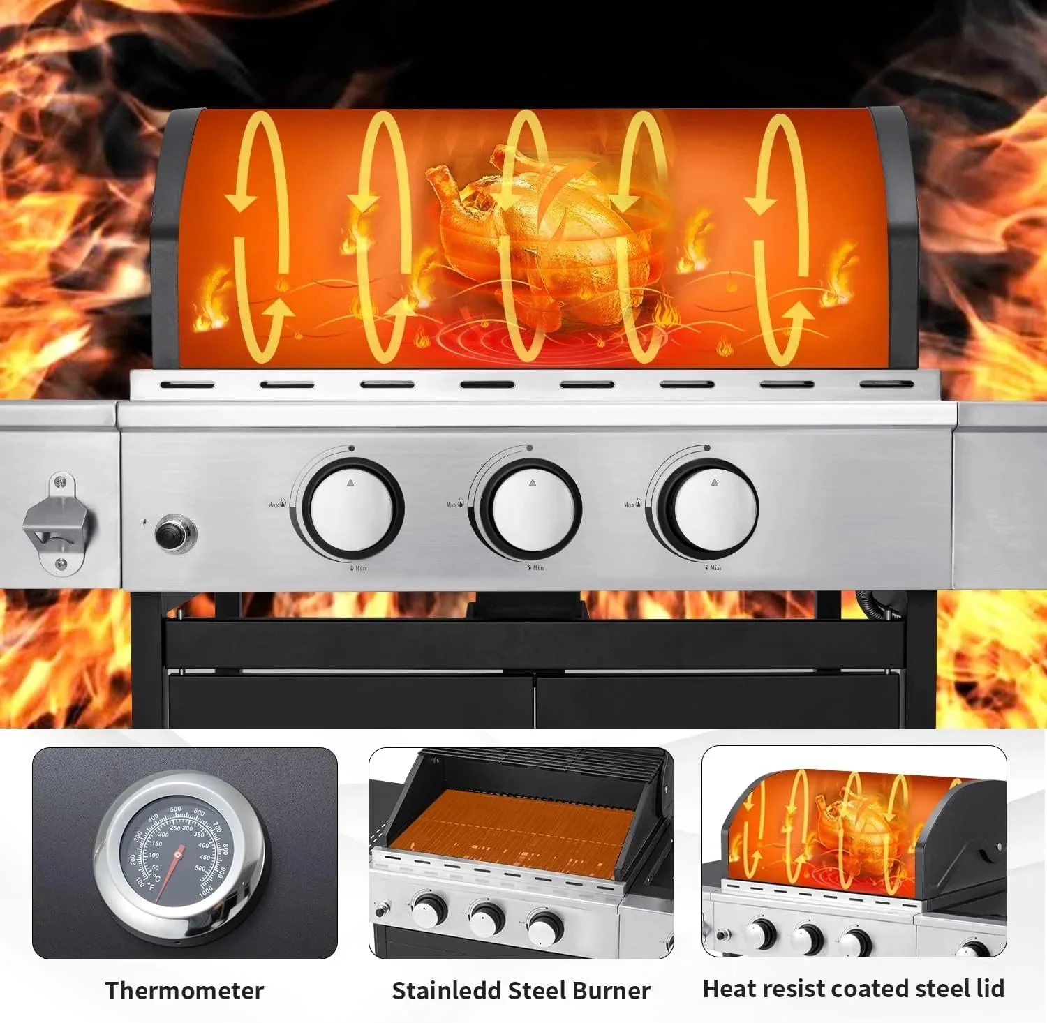 Upgraded 4 Burner Bbq Propane Gas Grill with Cast Iron Grates & Side Stove, 44,000 btu Stainless Steel Burner Barbecue Grill for Patio,…