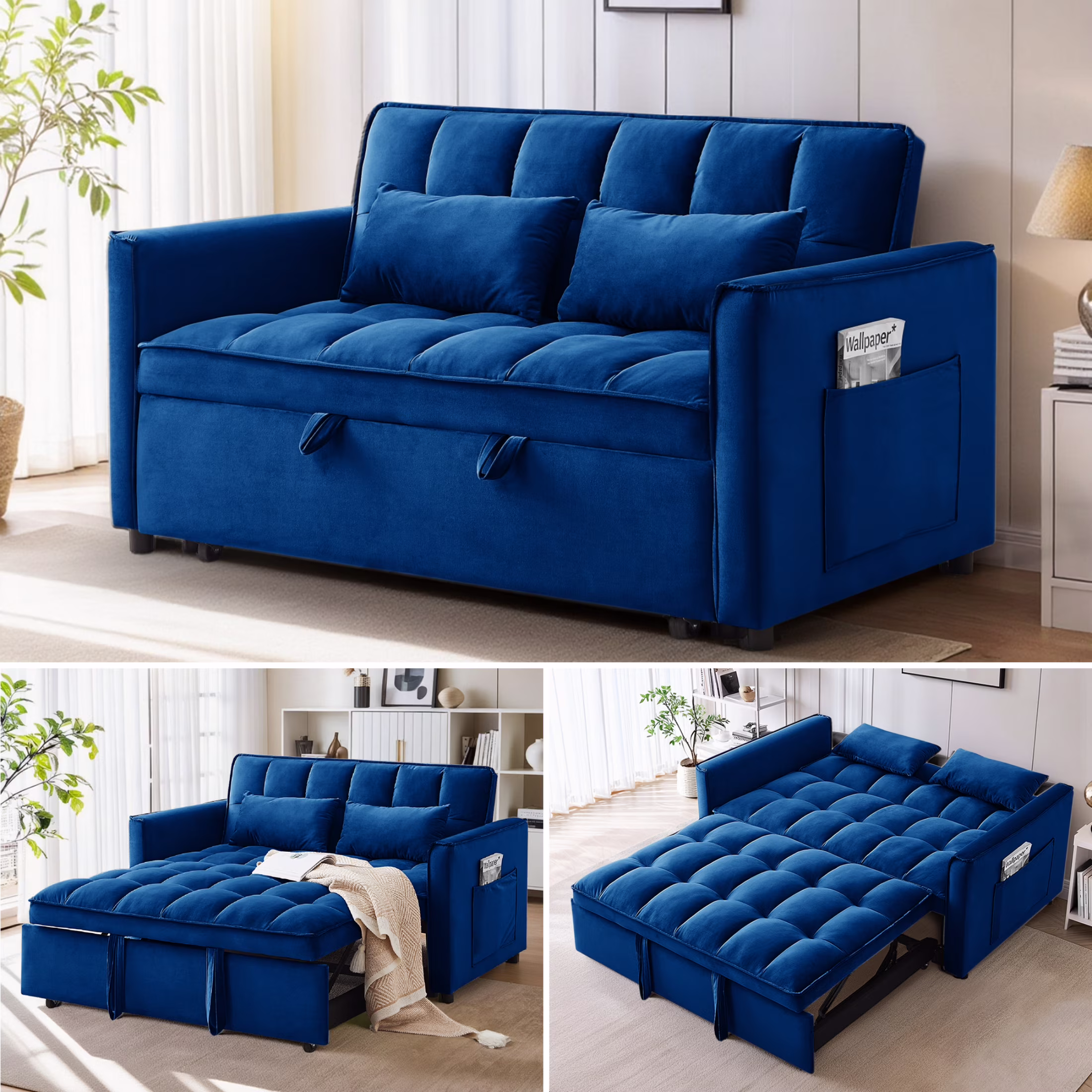 Convertible Sofa Bed, 3 in 1 Pull Out Sleeper Loveseat Couch with Storage, Black(Black) - Image 3