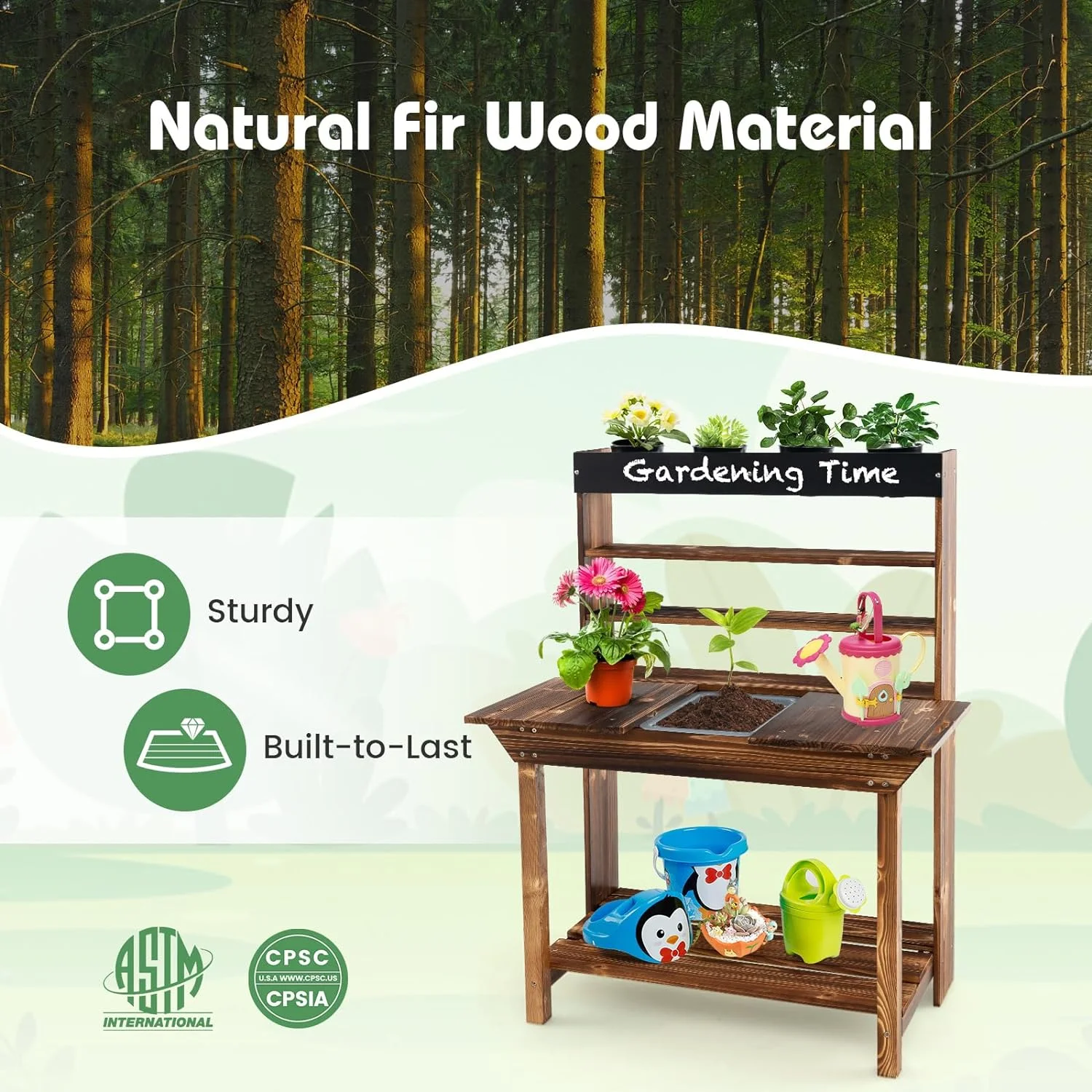 Kids Potting Bench, Fir Wood Outdoor Mud Table with Removable Sink, 4 Pots, Chalkboard, Storage Shelves, Garden Kid Kitchen Playset, Mud Kitchen for Kids Outdoor(Potting Bench Style) - Image 5