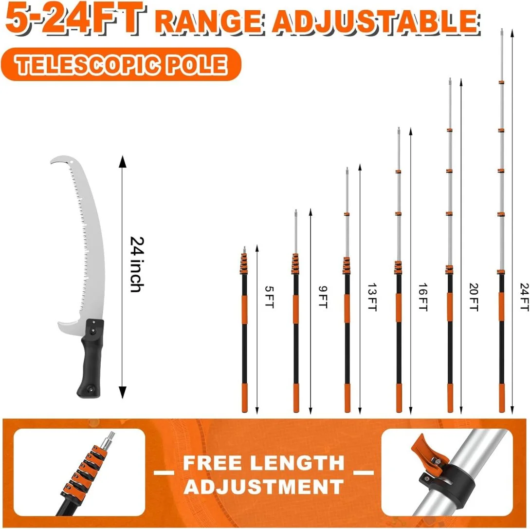 30FT Reach Pole Saw for Tree Trimming, Telescoping Tree Pruner Extendable with 5-24FT Extension Pole, Manual Saw for Yard, Garden, Patios - Image 4