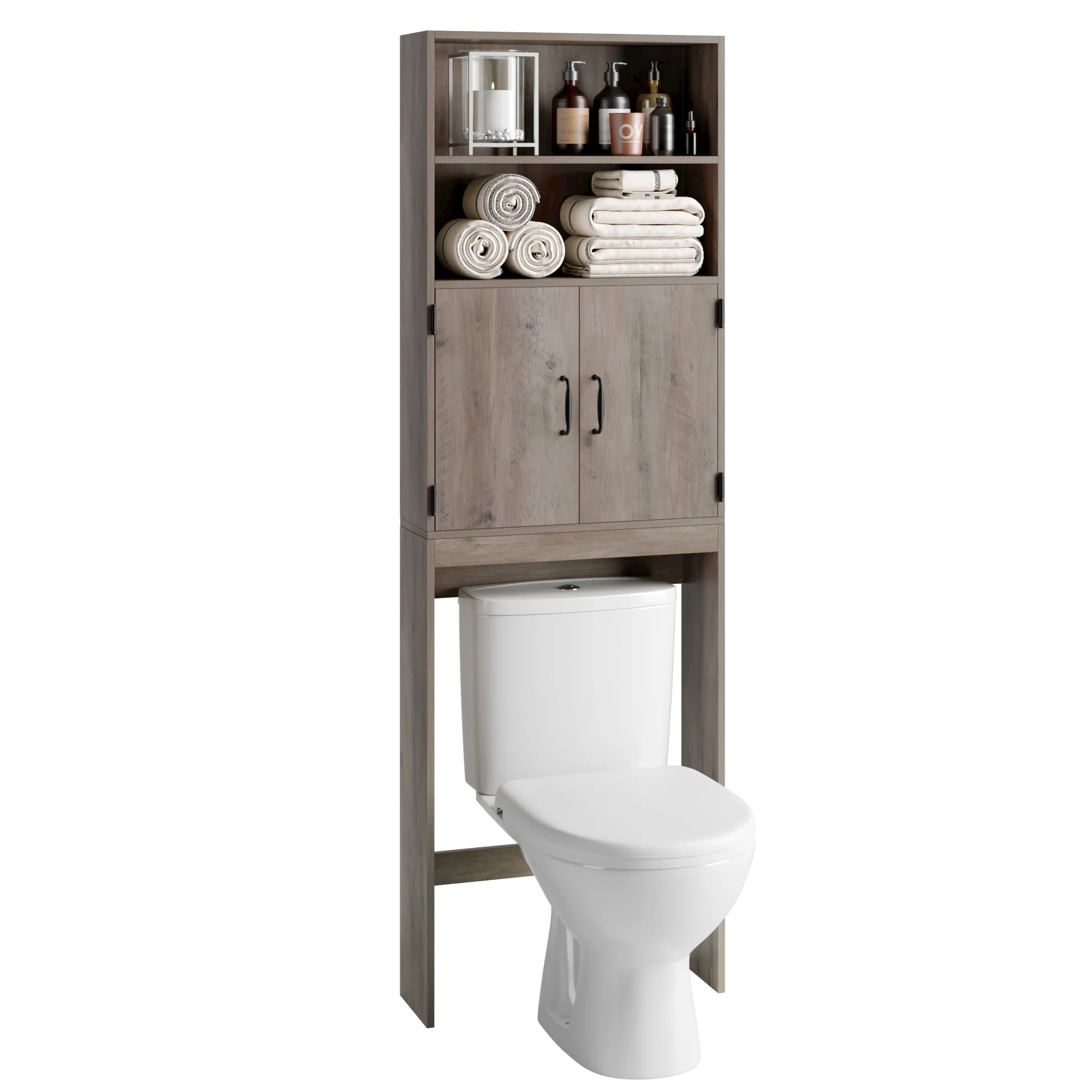 Homfa Over Toilet Storage Rack, Bathroom Storage Cabinet Over Toilet with 4 - Tier Shelves and 2 Doors, Gray Finish
