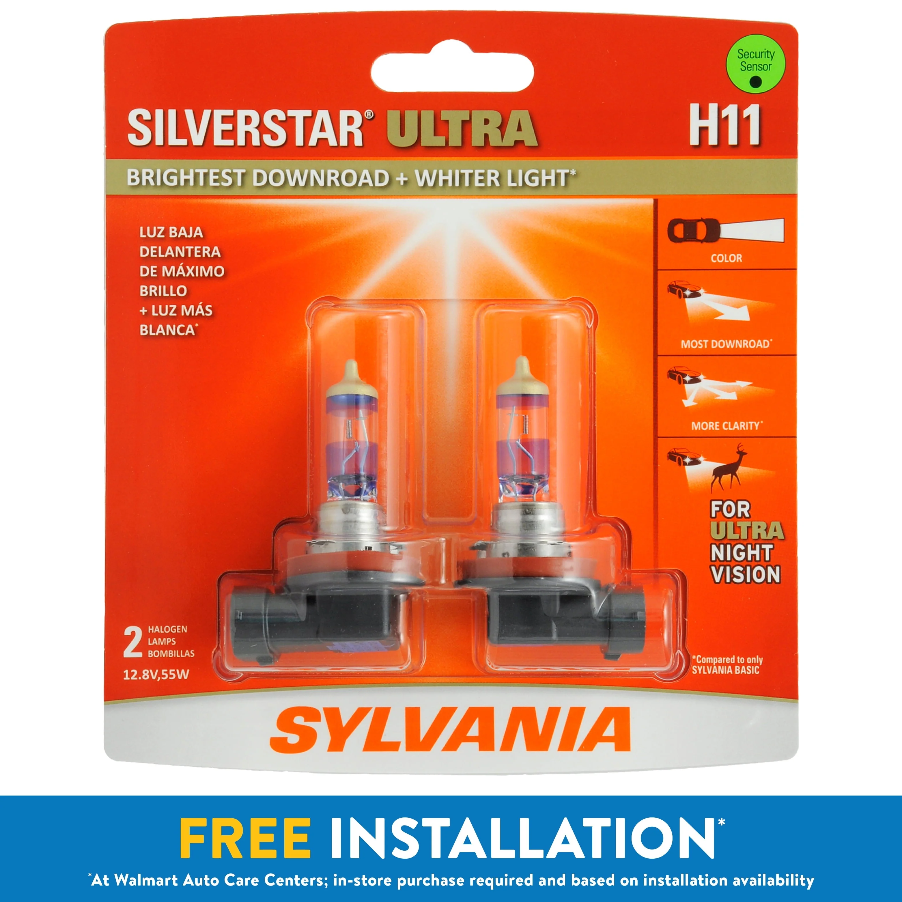Sylvania H11 Silverstar Ultra Halogen Headlight Bulb, Pack of 2