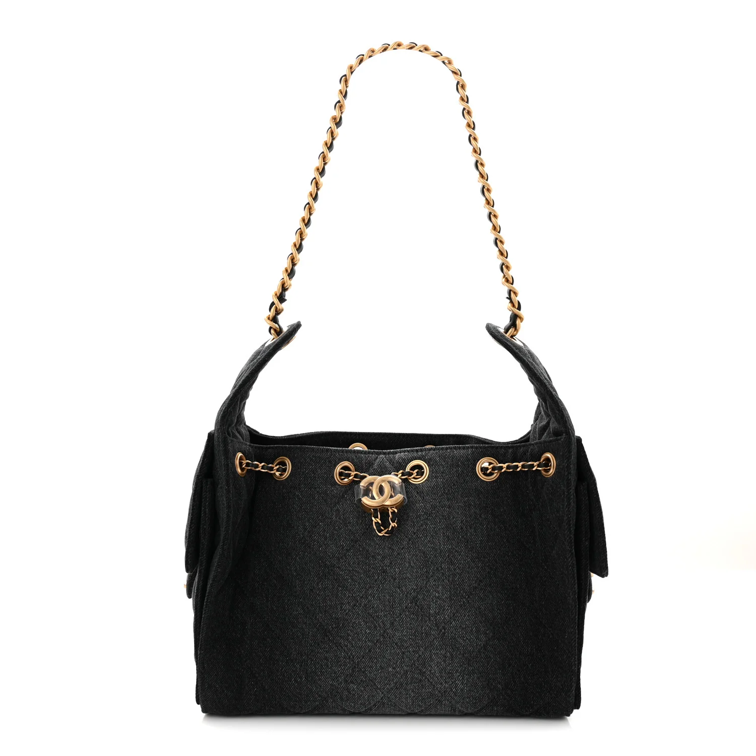 Washed Denim Quilted Small Chanel 25 Handbag Black