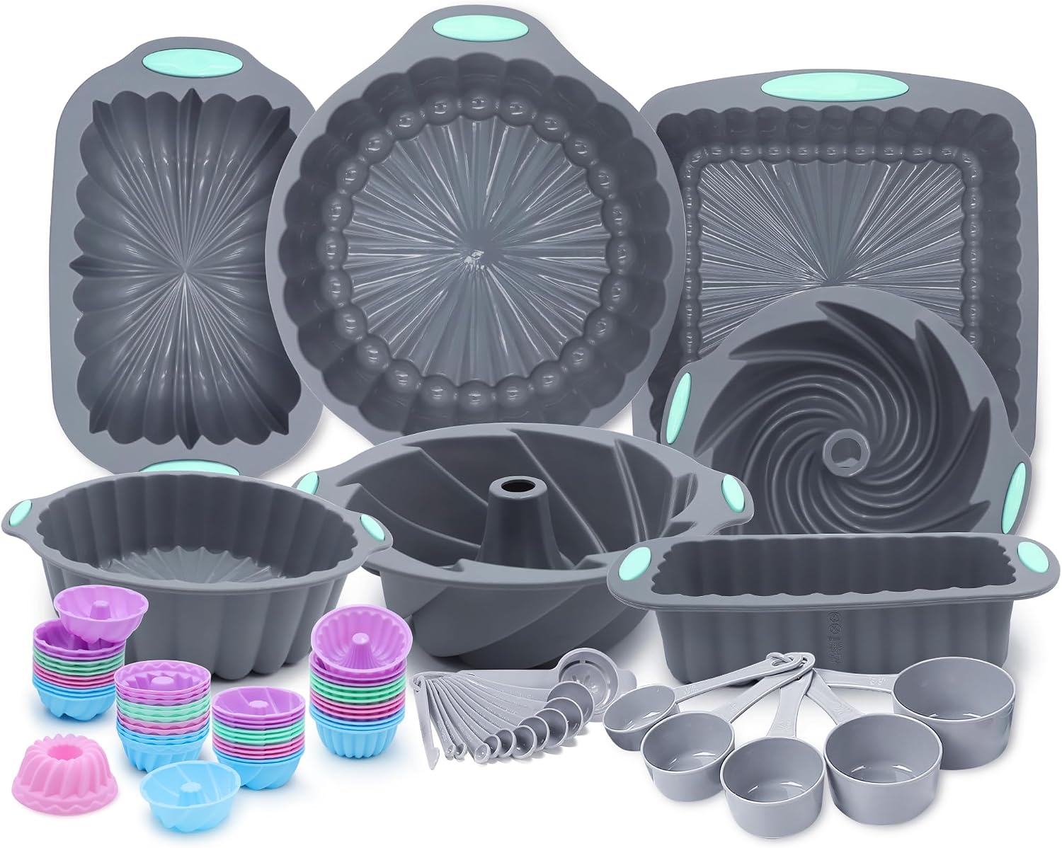 Tongjude 54 Pieces Silicone Baking Pans Set, 10 Silicone Cake Molds, Loaf Pan and Muffin Pans, Non-Stick Baking Cup, with Measuring Cups and Spoons Set, Grey