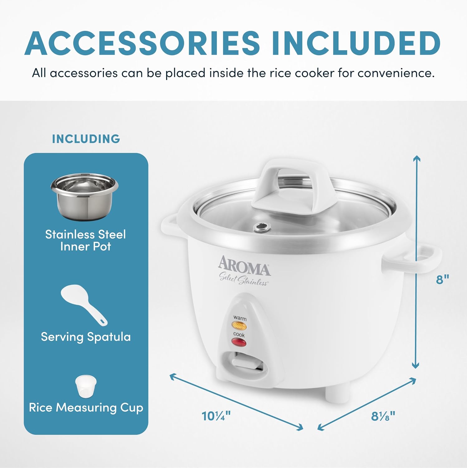 AROMA® Select Stainless® Rice Cooker, 3-Cup (Uncooked) / 6-Cup (Cooked), Stainless Steel Inner Pot, Small Rice Cooker, Auto Keep Warm, 1.2 Qt, White, ARC-753SG