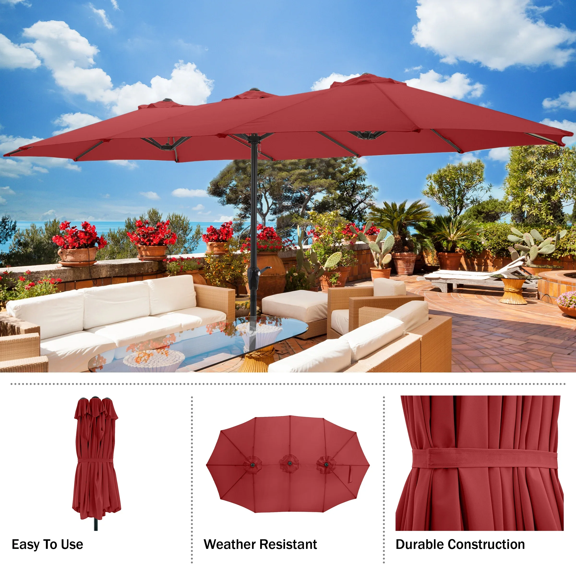 Pure Garden 15 Ft Double Patio Umbrella �?XL Sunshade with Hand Crank, Beige