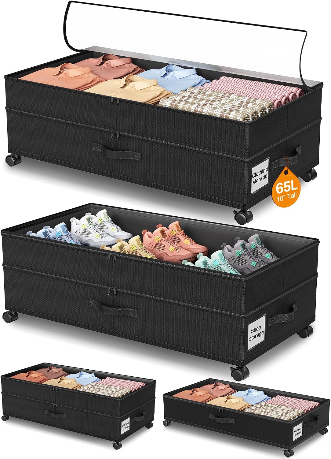 Under Bed Storage with Wheels, 2-Pack Underbed Shoe Storage Organizer, 7.5-10.6 inches Tall Adjustable Storage for Underbed with Lids, 65L Extra Large Capacity for Clothes, Blankets, Shoes