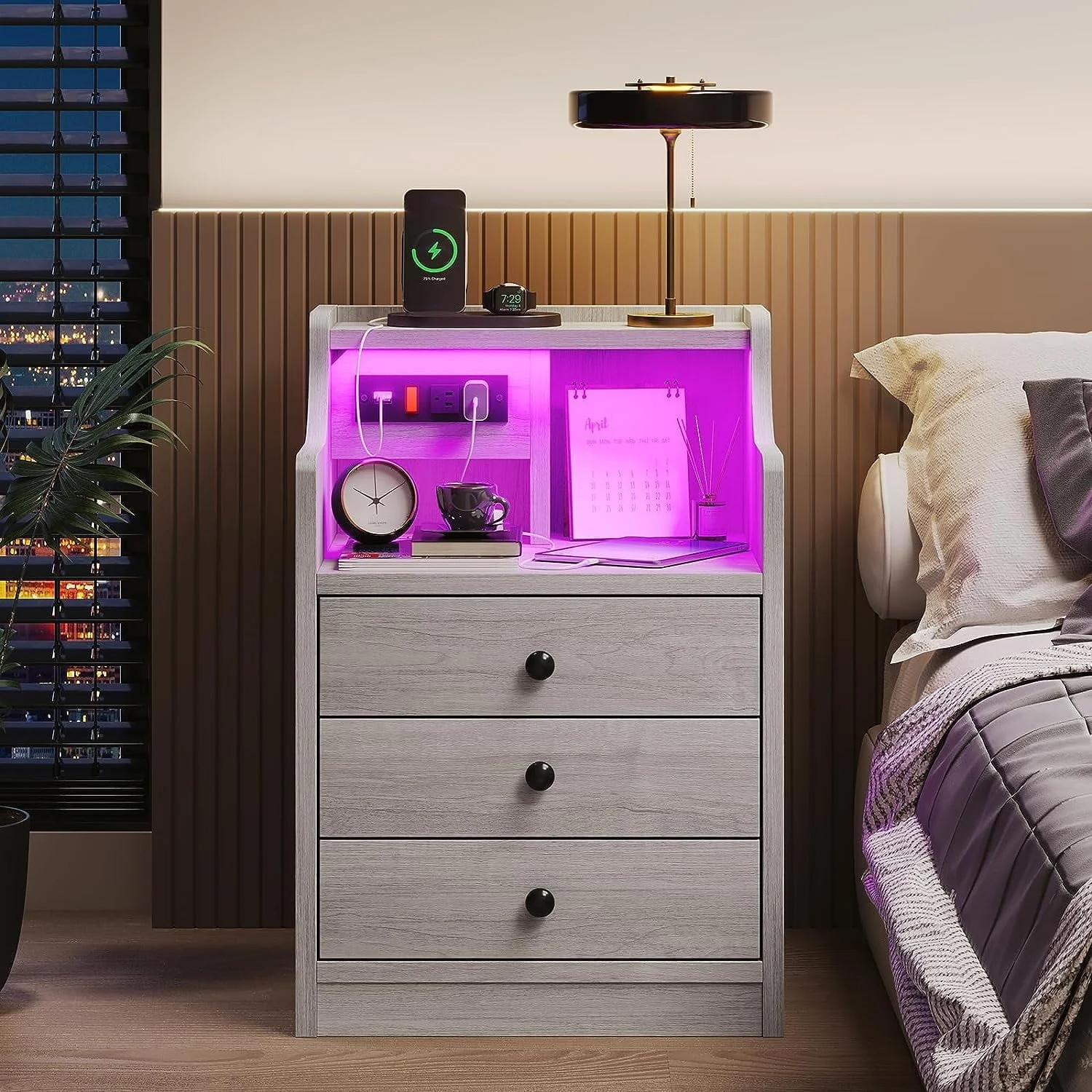 Nightstand with 3 Drawers and Shelves,Night Stand with LED Lights and USB Port Charging Station,LED Bedside Table with Hutch,Black(Black) - Image 3