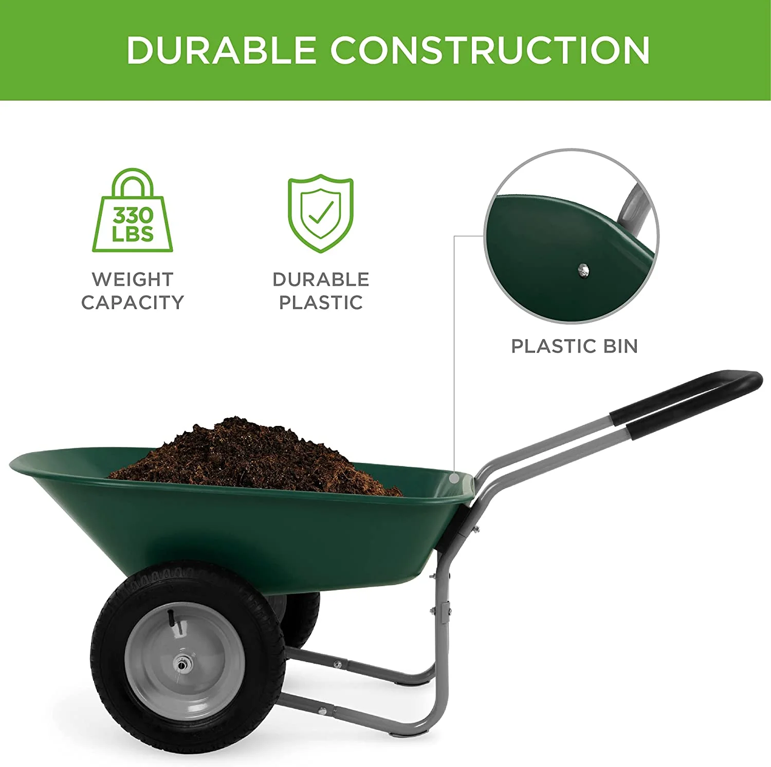 Dual-Wheel Home Utility Yard Wheelbarrow Garden Cart w/Built-in Stand for Lawn, Gardening, Construction,Green(5 cu ft/Green) - Image 7