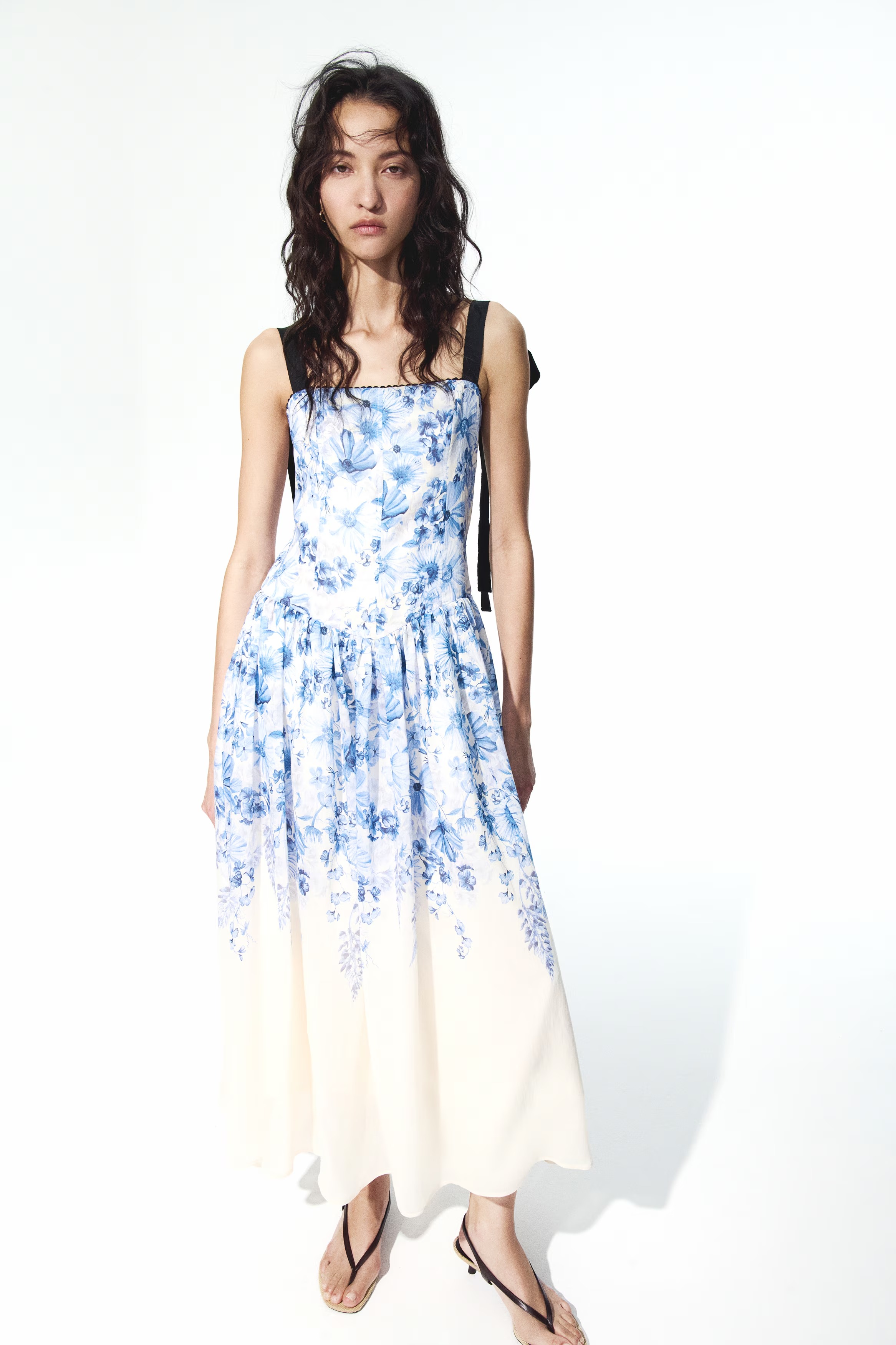 Flared Dress with Tie Shoulder Straps