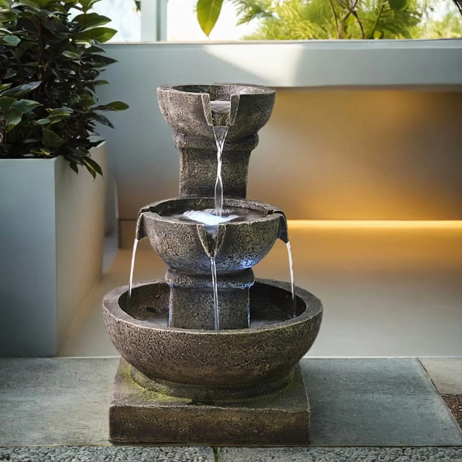 Indoor Floor Standing Water Fountain 3-Tiers Waterfall Outdoor Garden Fountains with LED Lights for Patio, Porch, Home Art Decor
