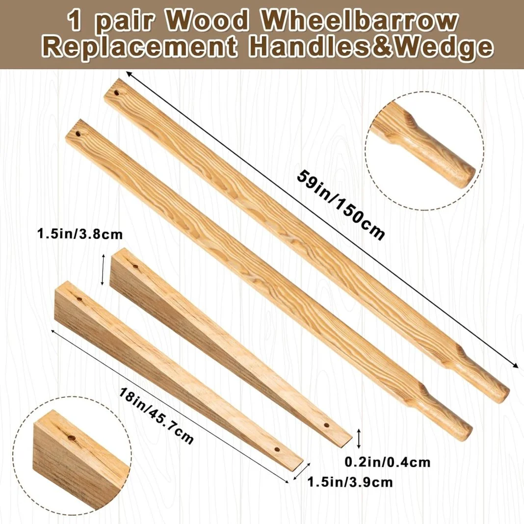 Wheel Barrow Handles Wood Replacement 59'' Wheelbarrow Handles Kit with 2 Wheelbarrow Wedge Heavy Duty Wood with Tough Seal Coat and Pre Drilled Holes for Wheelbarrows, Easy Install - Image 2