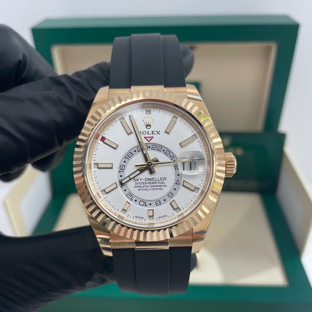 [Super Clone]RLX  Sky-Dweller 42mm Yellow Gold White Dial Oysterflex - 336238【Super Clone】