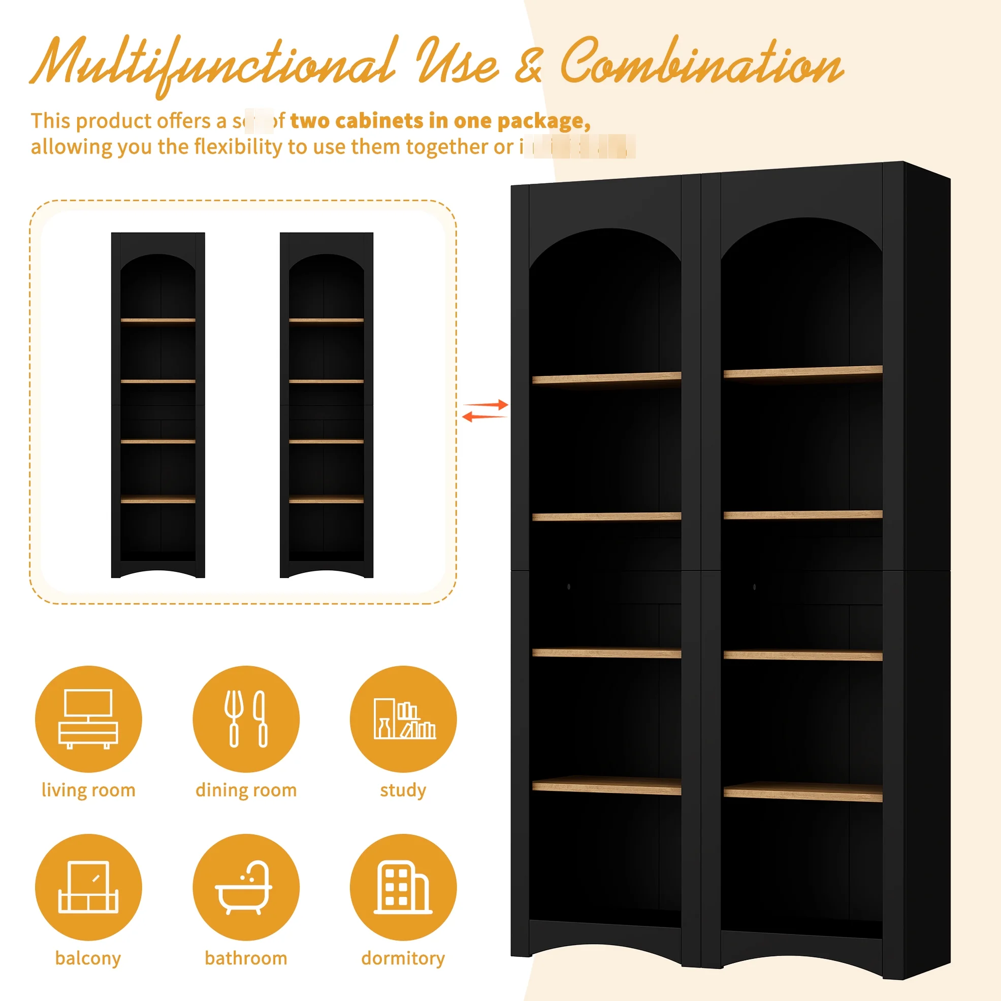 72"h Pantry Pair, 2 , Adjustable Shelves, , Black Finish 2 Bookcase , Cabinet With Vintage Style(Black) - Image 4