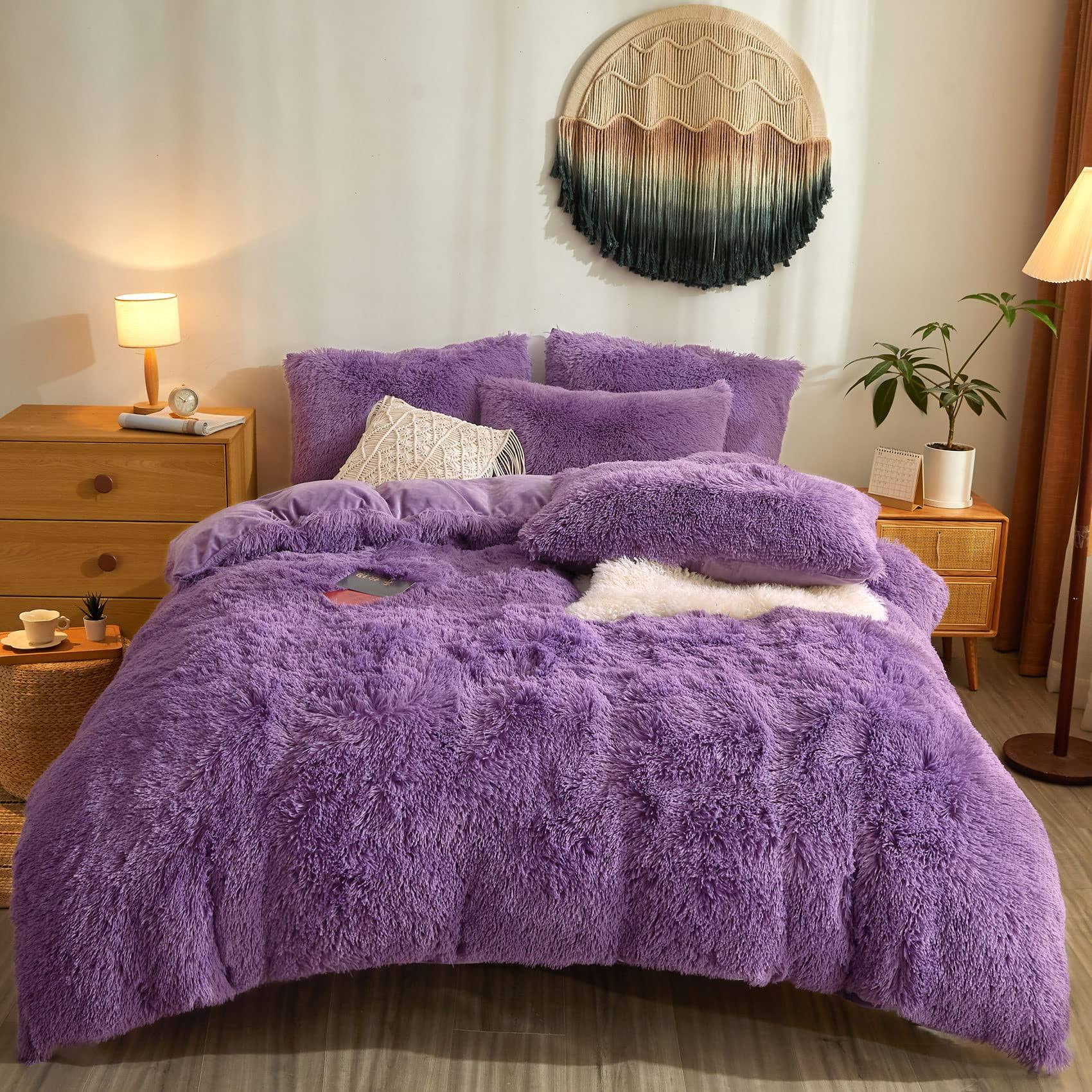 Fluffy Purple Comforter Cover Set Queen,Ultra Soft Shaggy Faux Fur Purple Duvet Cover Queen Fuzzy Bedding Sets Queen 3 Pieces with Pillow Cases,