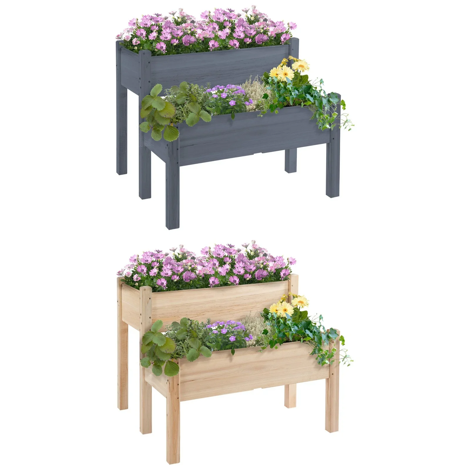 QISHENSHUI 2-Tier Raised Garden Bed 34x34x28 �C Elevated Wood Planter Stand with Deep Grow Box for Healthy Root Development & Back-Friendly Gardening, Gray