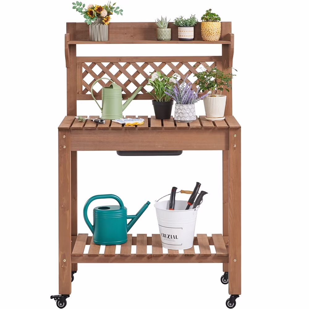 Wangood Rolling Garden Potting Bench Wooden Work Station Table with Sliding Tabletop-Brown