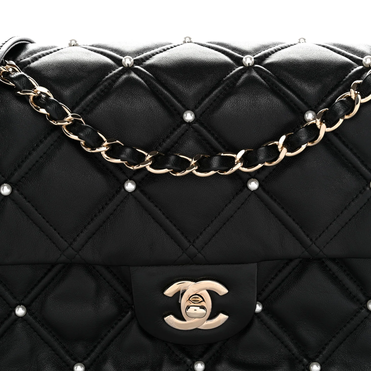 Lambskin Quilted Pearl Studded Flap Black