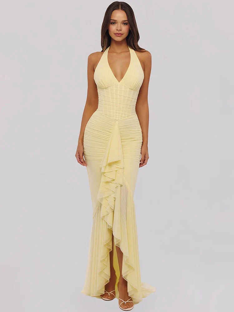 Robe longue Soleya à col licou froncée pour invités de mariage