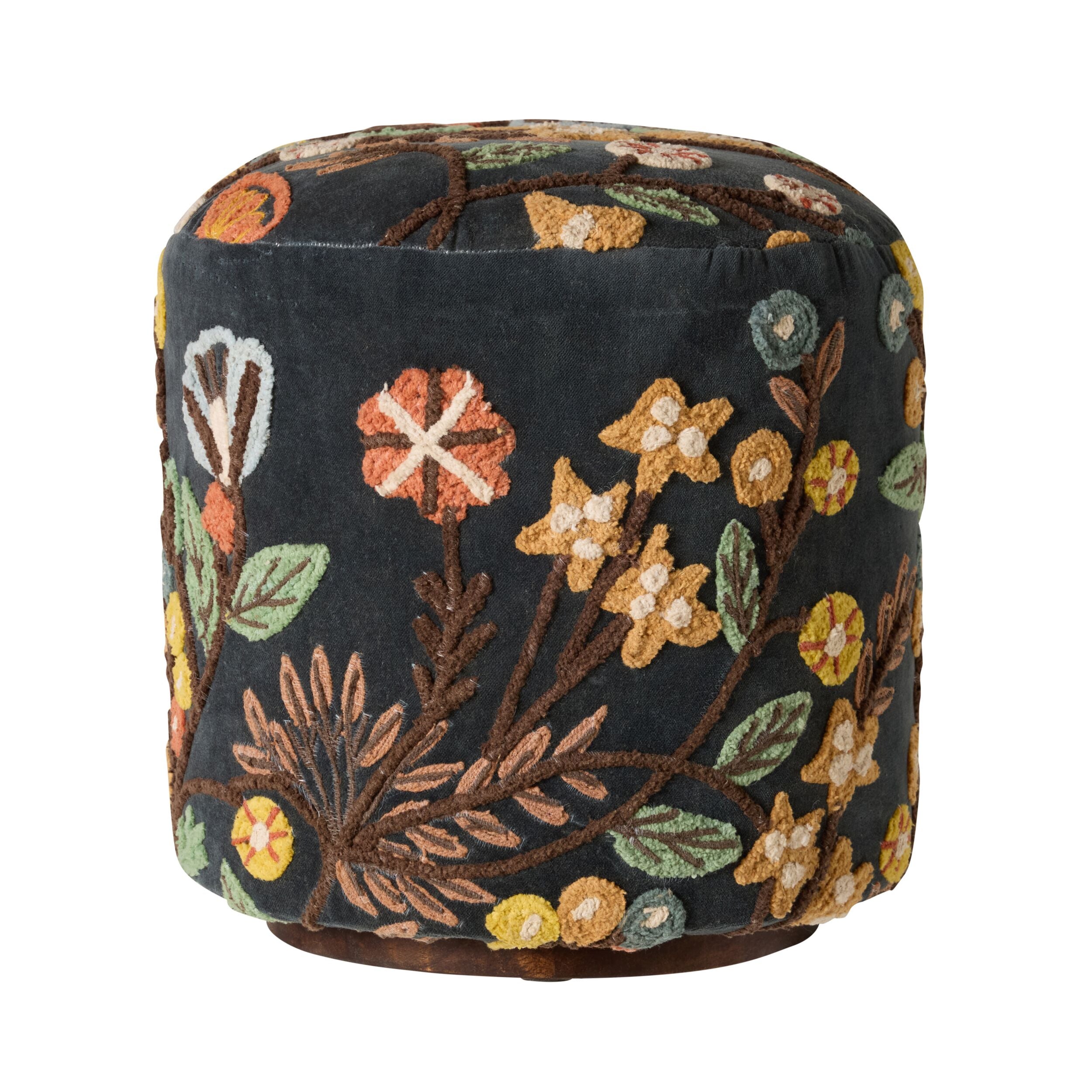 Freya Embroidered Ottoman Blue Velvet
