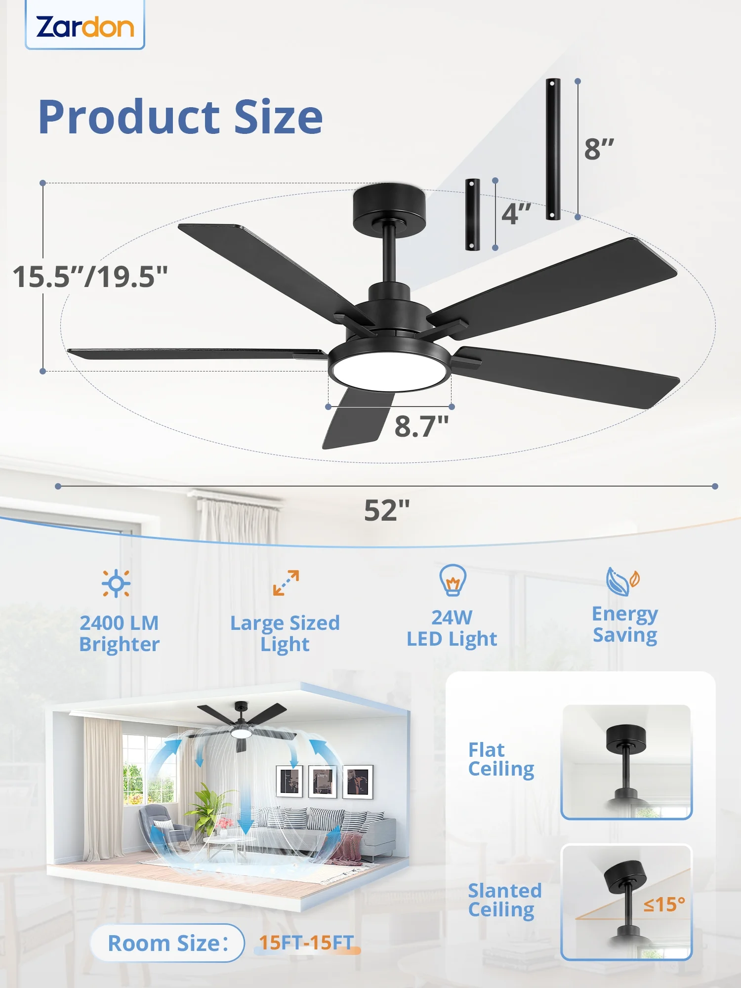 Zardon 52 in Black Ceiling Fan with LED Light and Remote, Downrod 6 - Speed and Quiet Reversible DC Motor for Bedroom, Living Room, Indoor