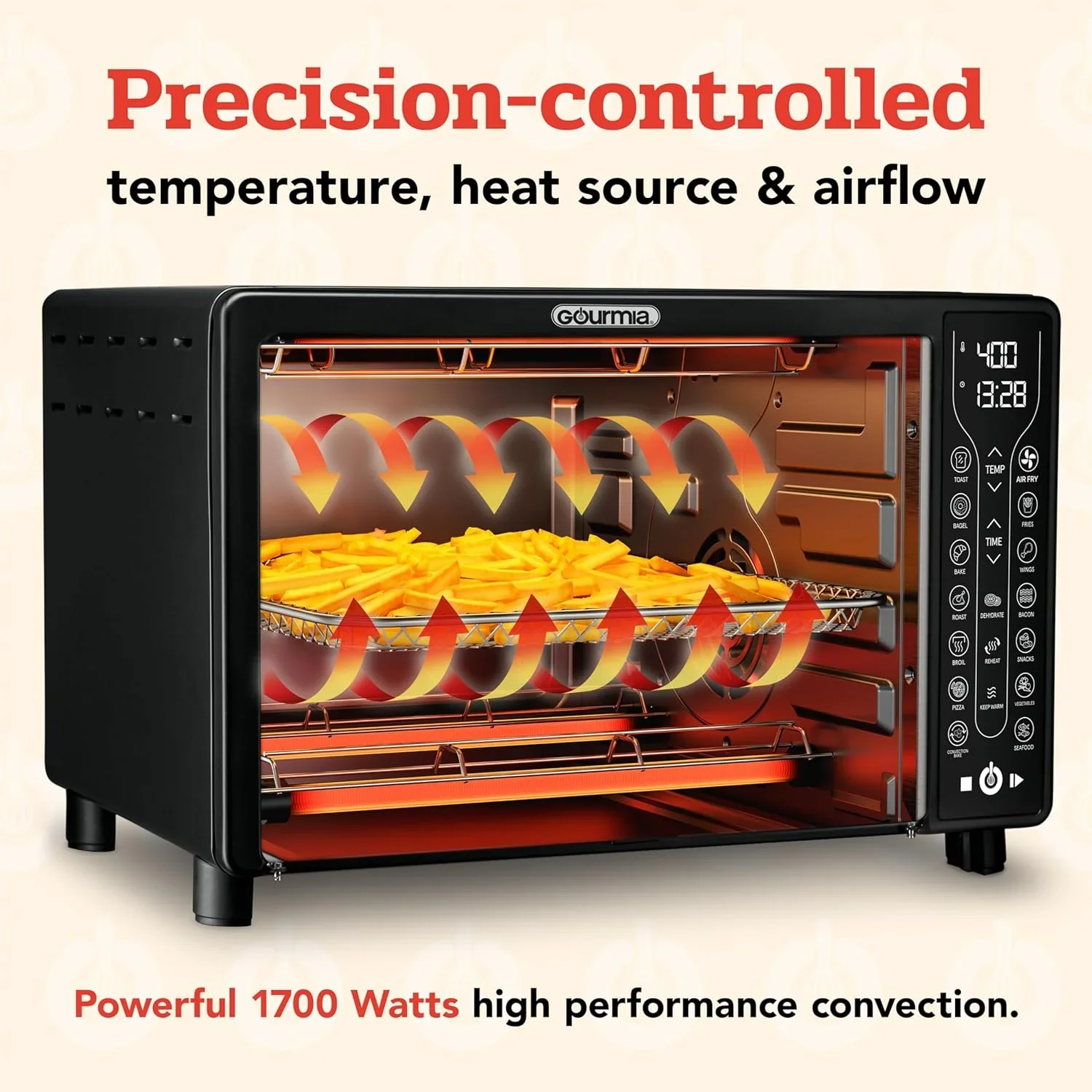 Four Gourmia avec friteuse à air chaud, 17 programmes de cuisson prédéfinis, capacité de 24 L et grille à convection.
