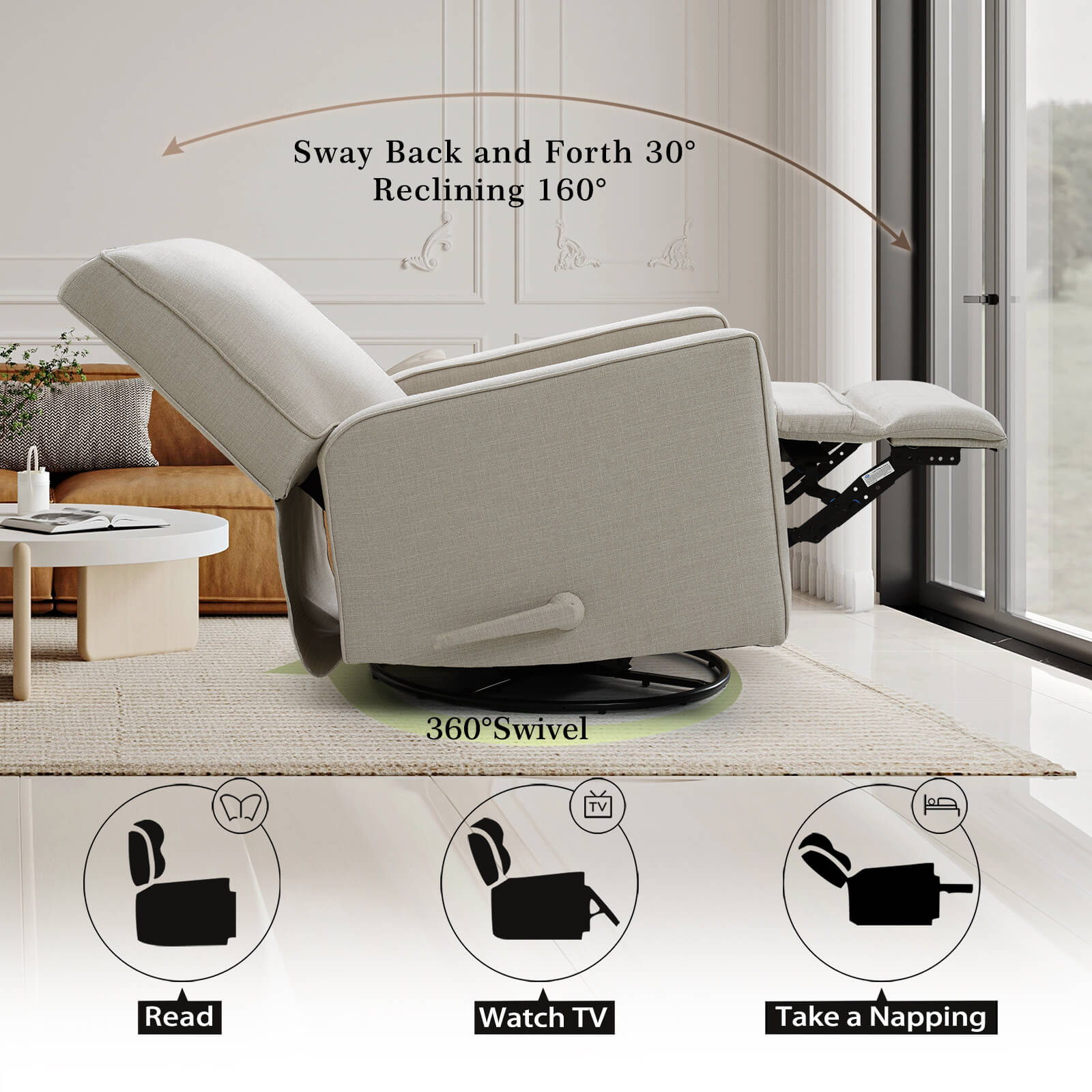 Fauteuil inclinable manuel à bascule pivotant pour chambre d'enfant, en tissu