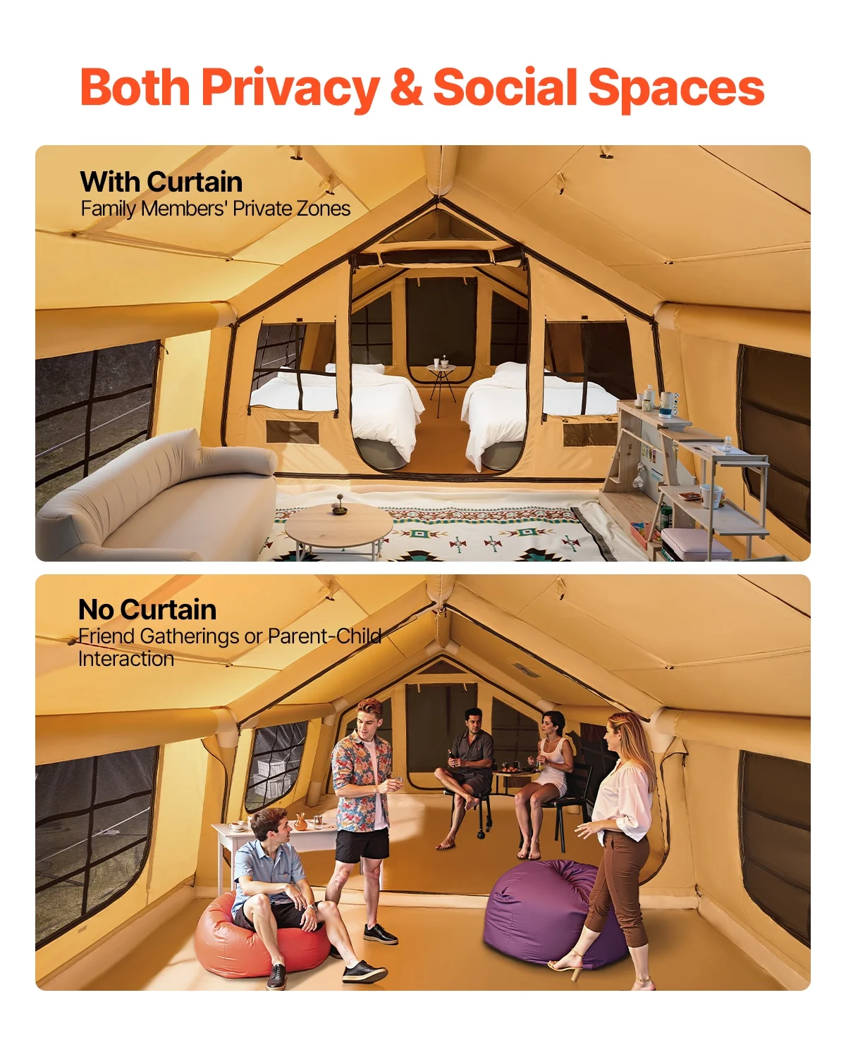 Inflatable Tents for Camping,8-12 Person Easy Setup Blow up Tent with Hand Pump,4 Season Luxury Glamping Tent with 2 Skylights, Canopy,Stove Jack, 2 Doors Mesh Windows(Include Storage Bag) - Image 3