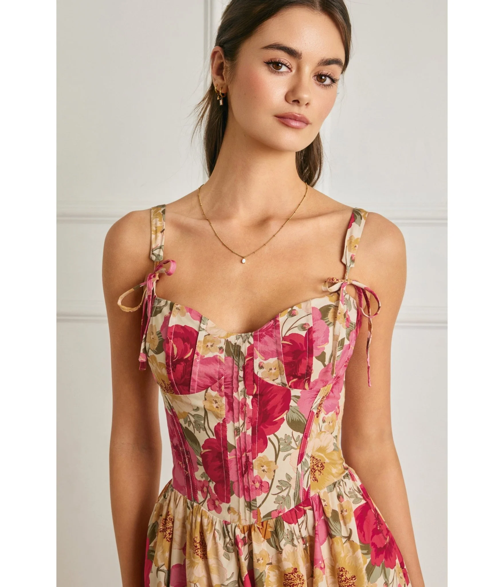 Pink Floral Tie Strap Midi Dress