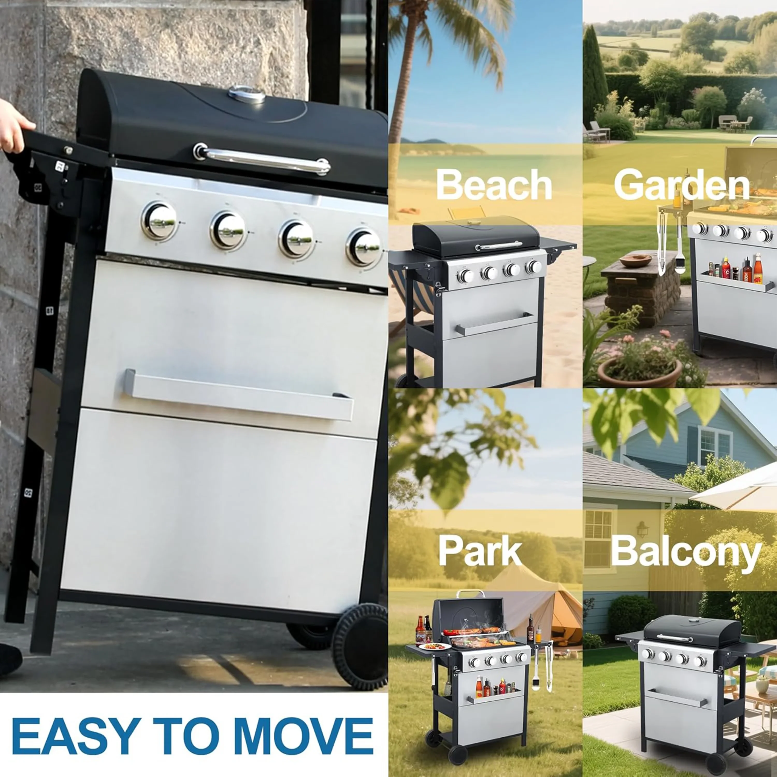 Furnibear 4 Burner BBQ Propane Gas Grill, Stainless Steel 34,000 BTU Patio Garden Barbecue Grill with Two Foldable Shelves