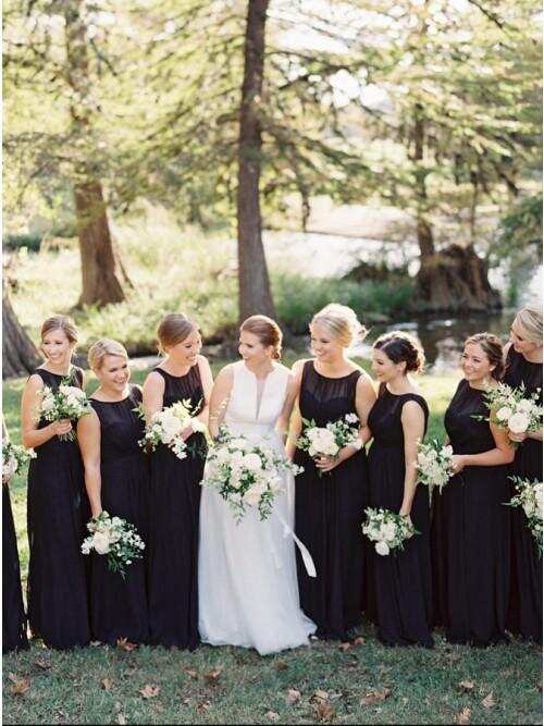 A-Line Round Neck Floor-Length Navy Blue Chiffon Bridesmaid Dress DMR93
