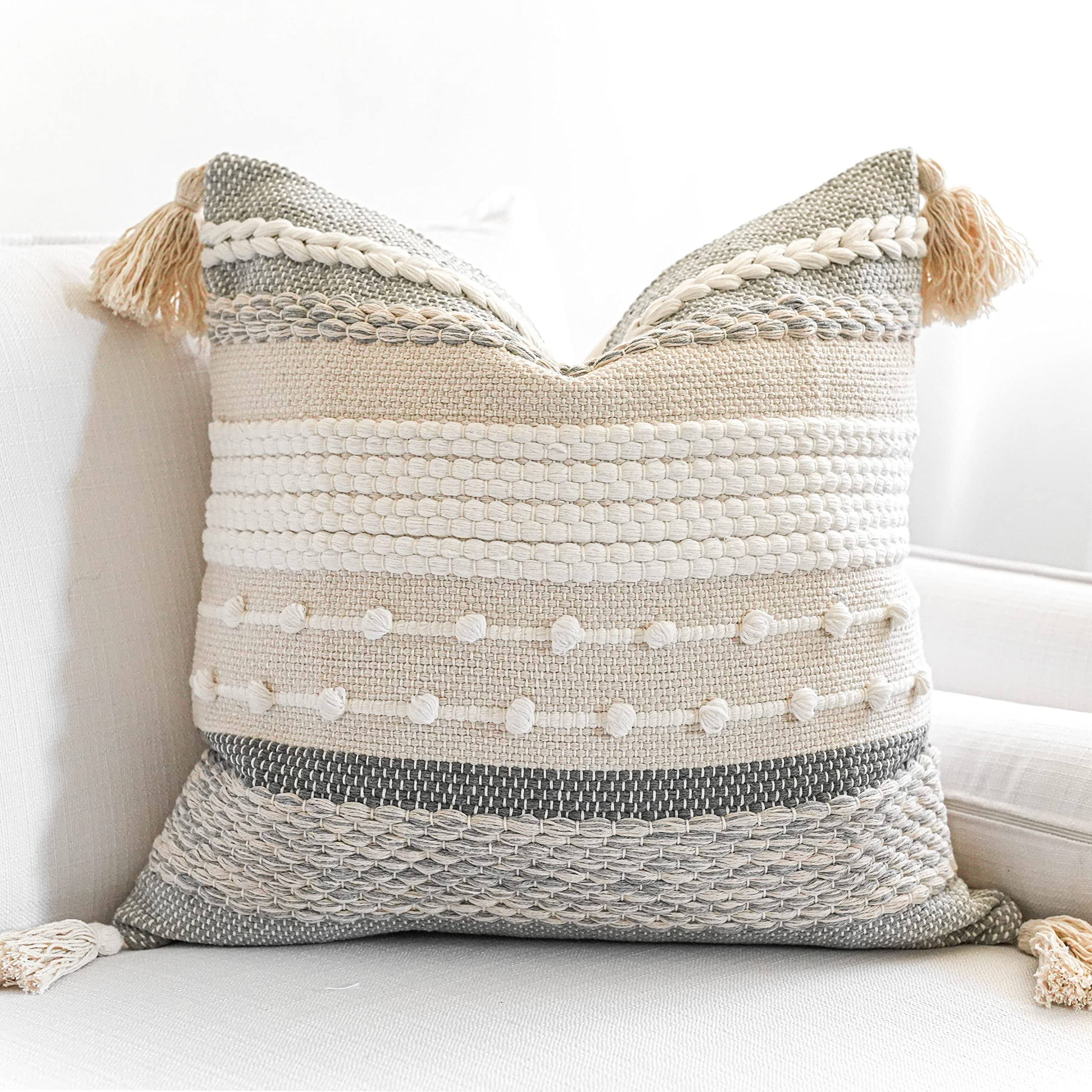 BLISSBLUSH Gray Boho Throw Pillow Cover 20x20 Grey Decorative Accent Pillow for Couch Square Woven Textured Pillowcase Modern Farmhouse Pillow for