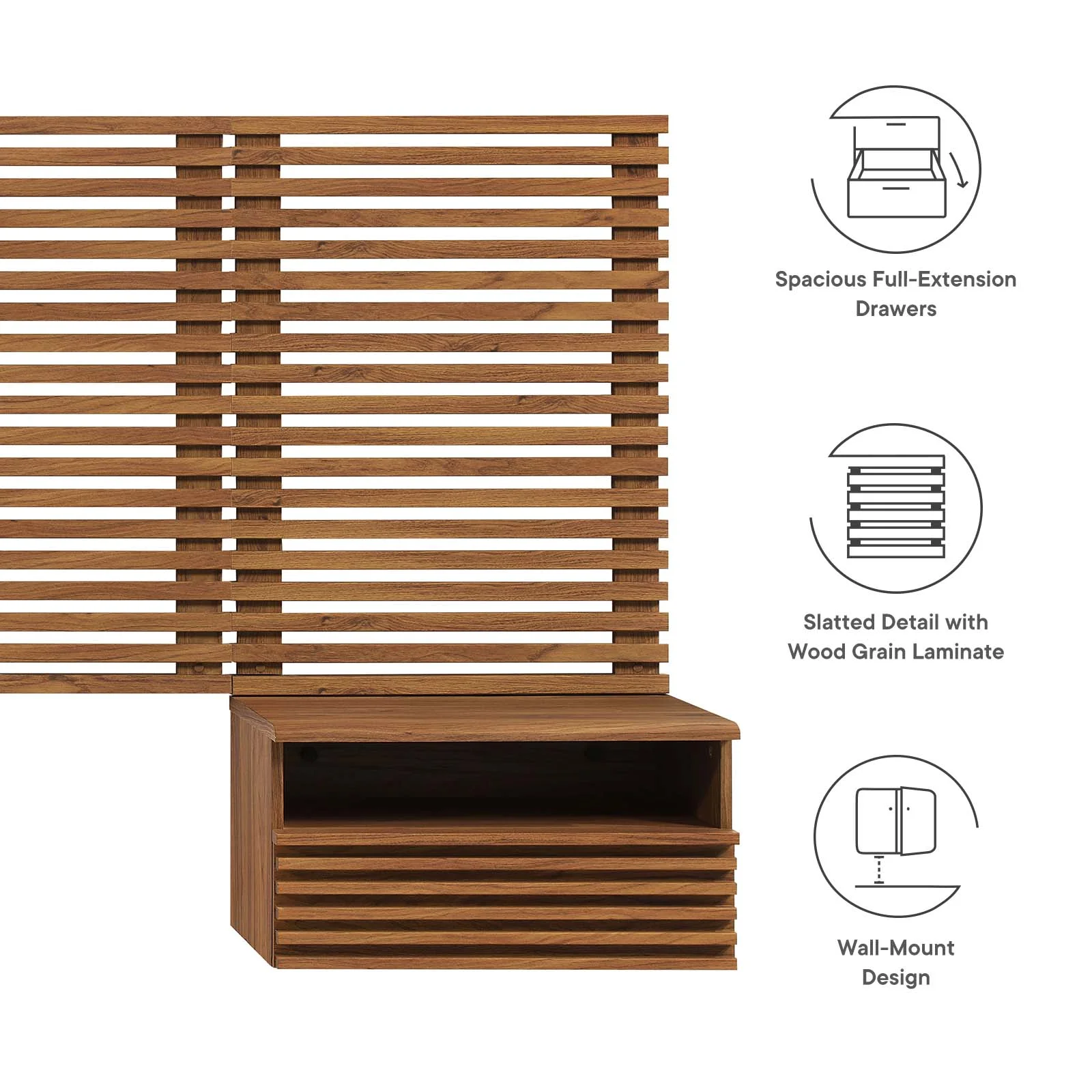 Render Wall Mount Queen Headboard and Modern Nightstands in Walnut(Queen/Brown) - Image 7