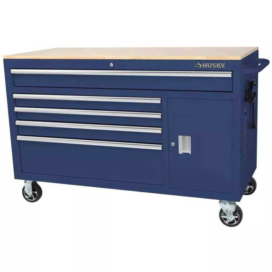 Coffre à outils mobile de 142 cm de large, 5 tiroirs, 1 porte, profond, bleu brillant, plateau en bois dur