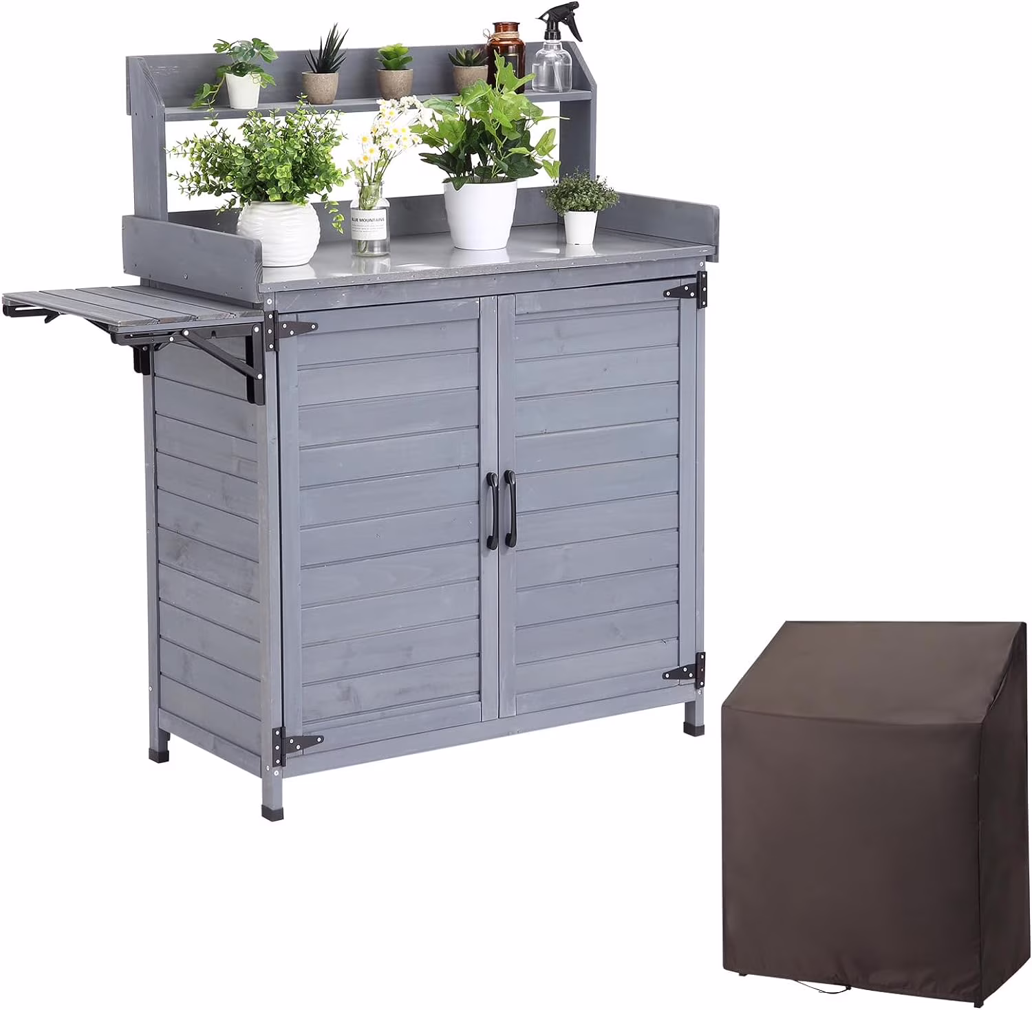Litake Outdoor Potting Bench Table Storage Cabinet, Wooden Planting Workstation with Storage Shelf & Galvanized Tabletop, Planting Table Garden Work Bench with Cover for Garden, Patio, Greenhouse