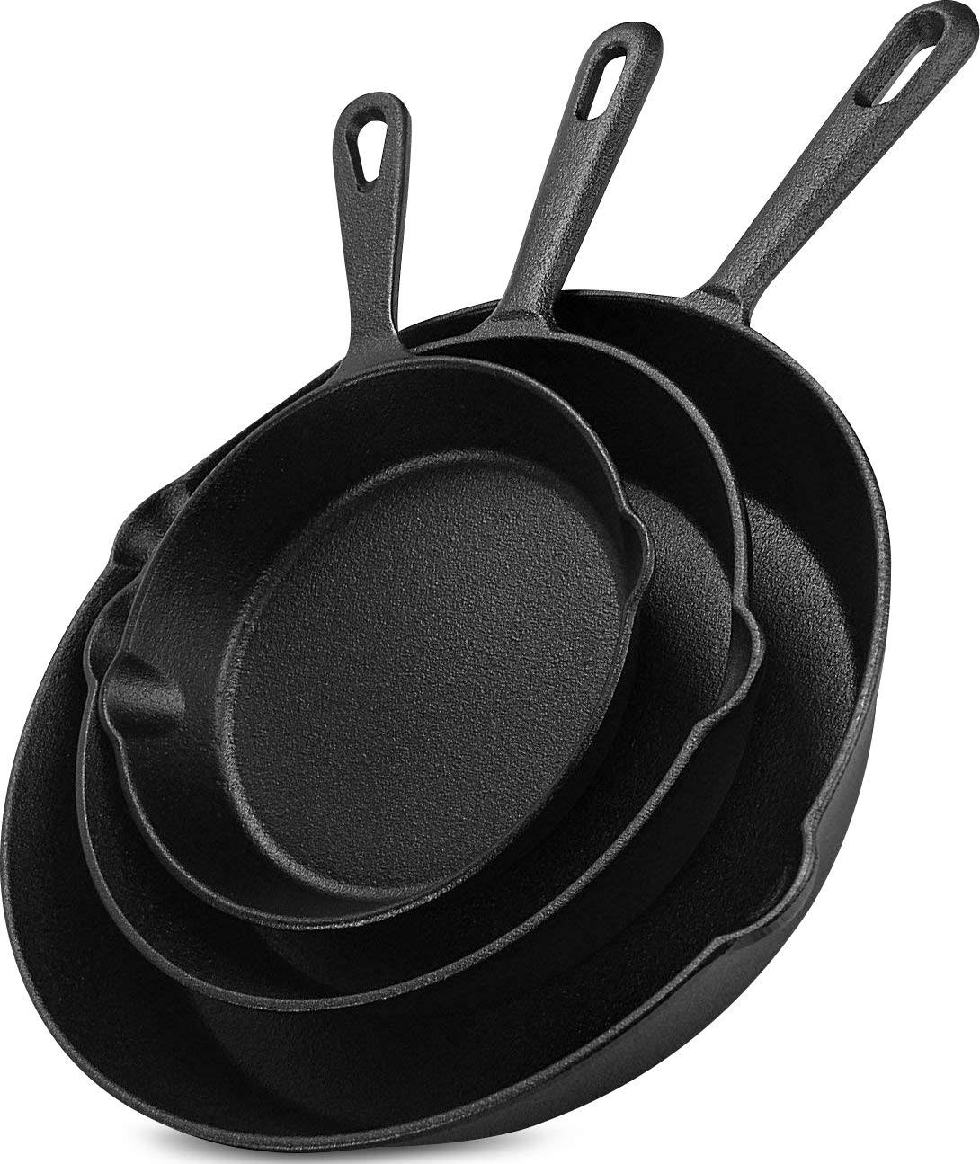Utopia Kitchen Saute Fry Pan - Pre-Seasoned Cast Iron Skillet Set 3-Piece - Frying Pan 6 inch, 8 inch and 10 inch Cast Iron Set (Black)