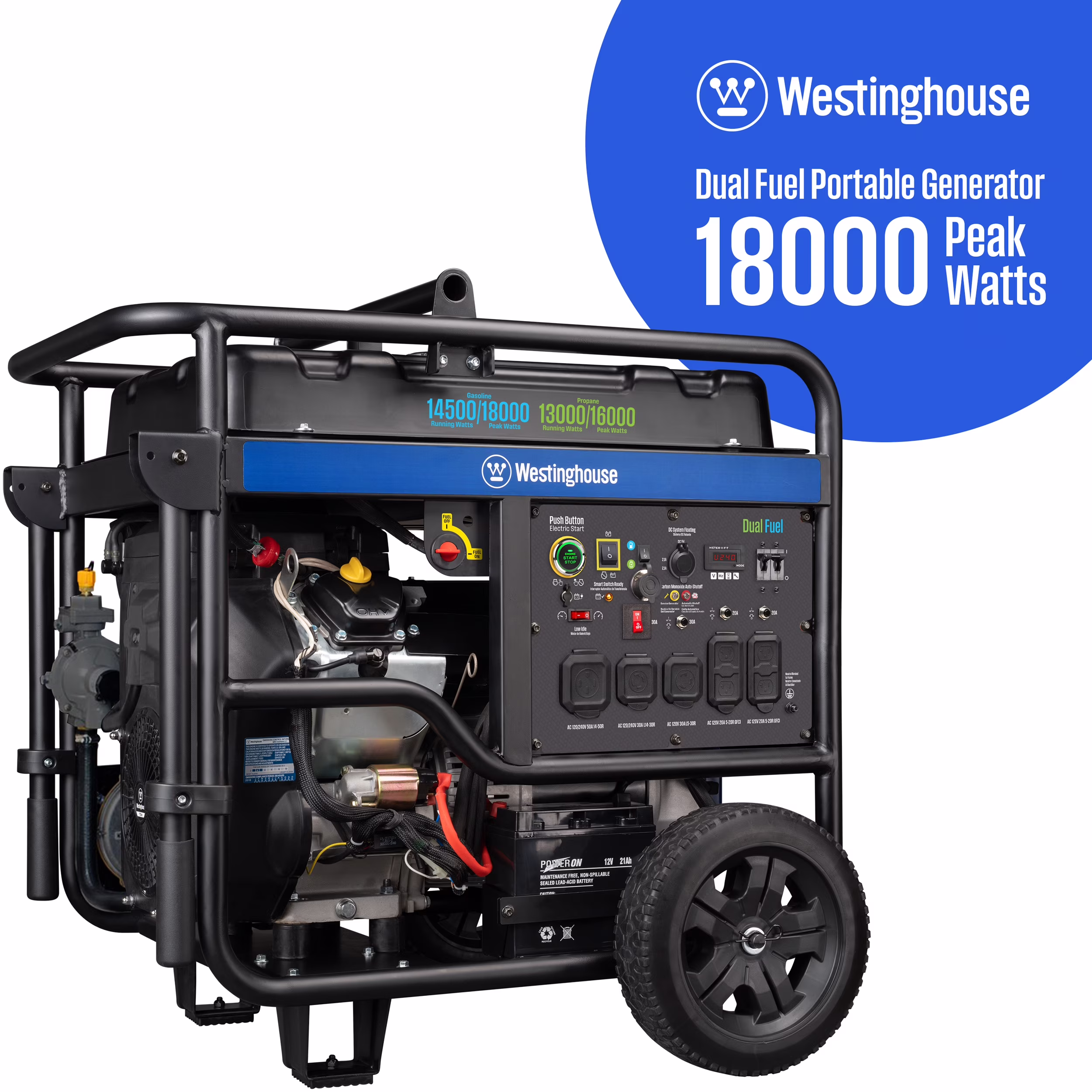 18000 Peak Watt Dual Fuel Home Backup Portable Generator, Remote Electric Start, Transfer Switch Ready, Gas Propane Powered, CO Sensor