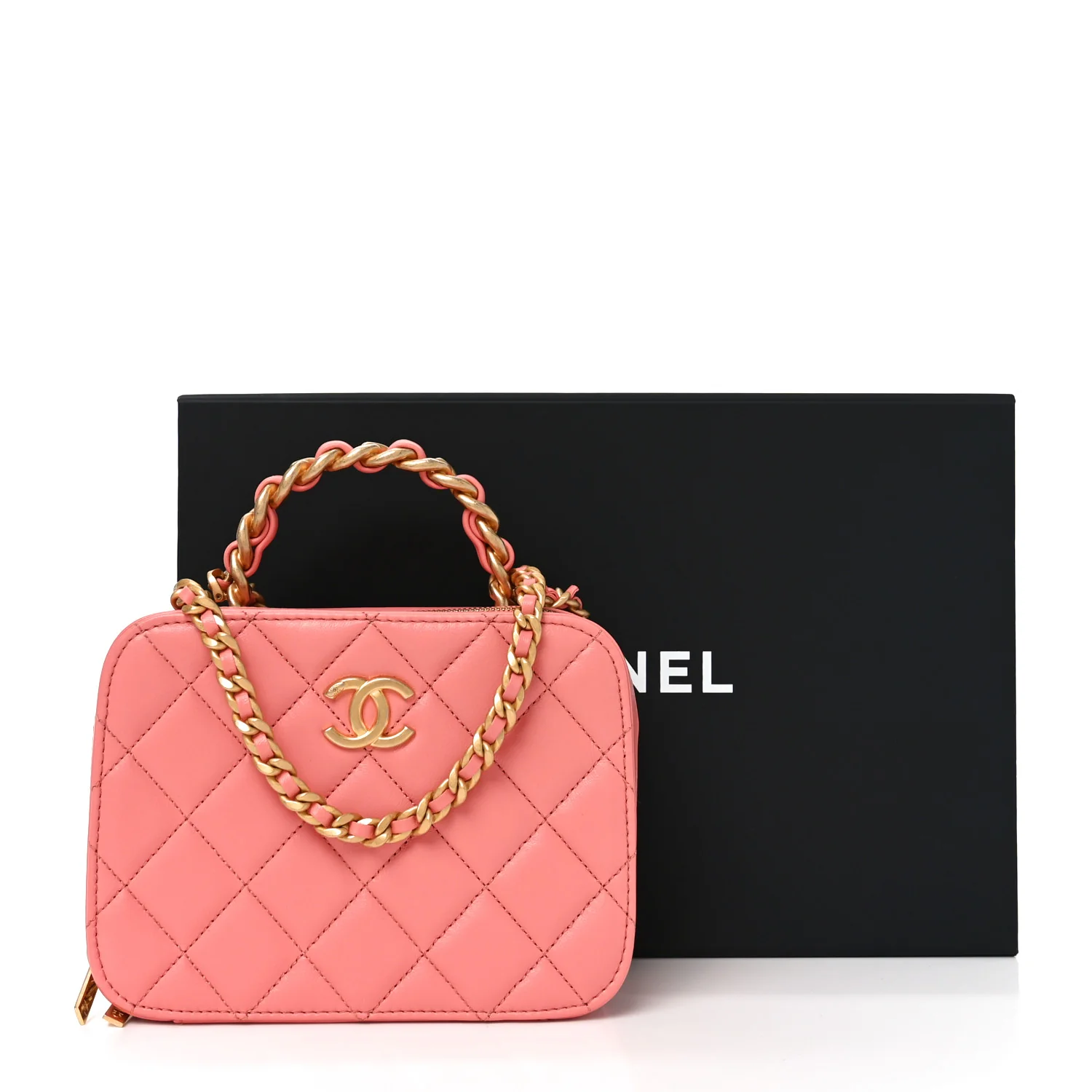 Lambskin Quilted Top Handle Small Vanity Case Pink