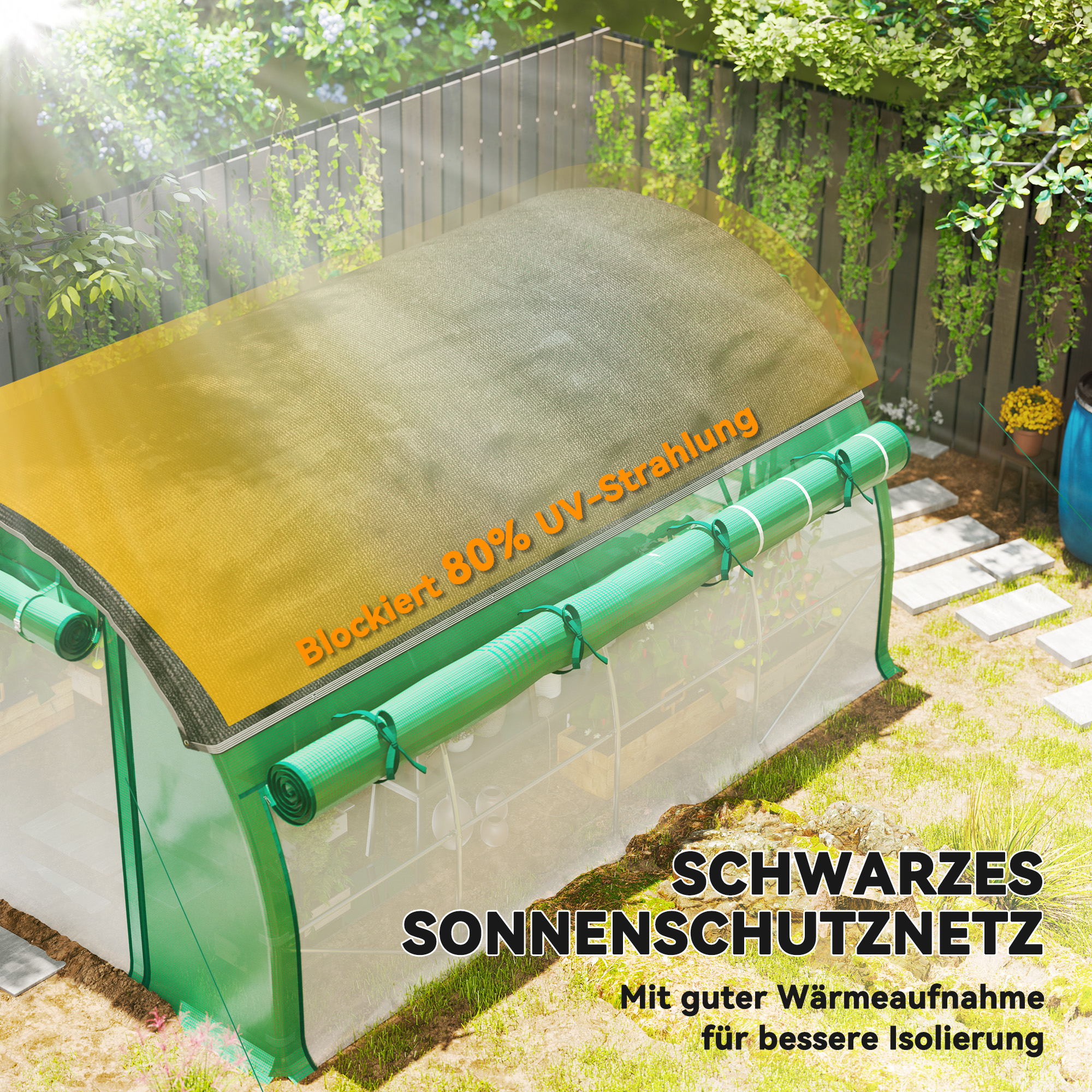 Outsunny 4 x 3 x 2 m Polykastunnel met Zonneschermnet, Oprolbare Zijwanden, Plastic Afdekking, Stalen Frame, Groen