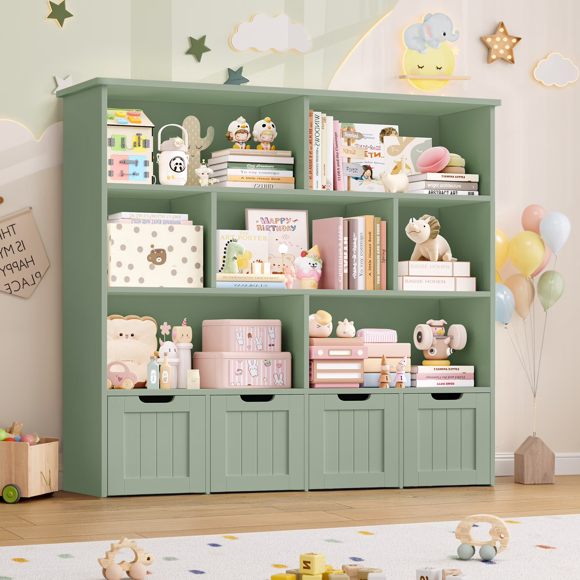 7 Cube Toy Storage Organizer, Kids Geometric Bookcase and Bookshelf with 4 Drawers, White(White) - Image 9