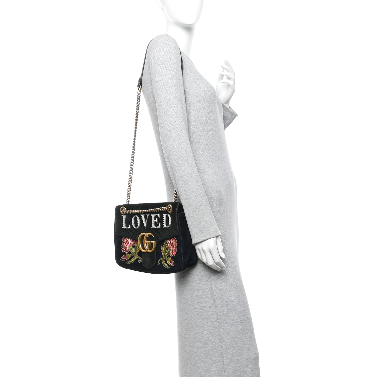 Velvet Matelasse Loved Embroidered Medium GG Marmont Shoulder Bag Black