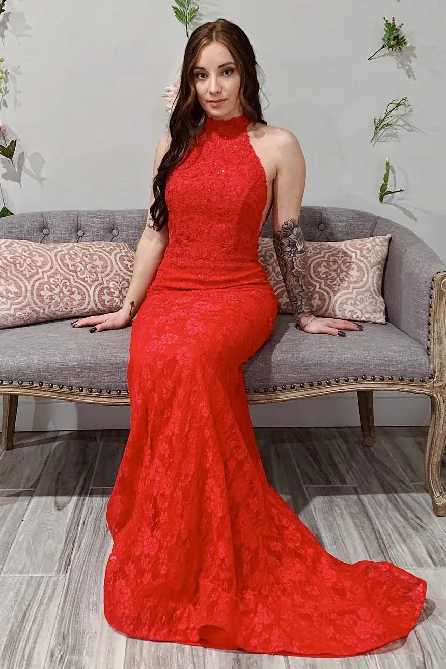 Red Lace Sheath Open Back Prom Dress, Mermaid Evening Dresses DMJ44