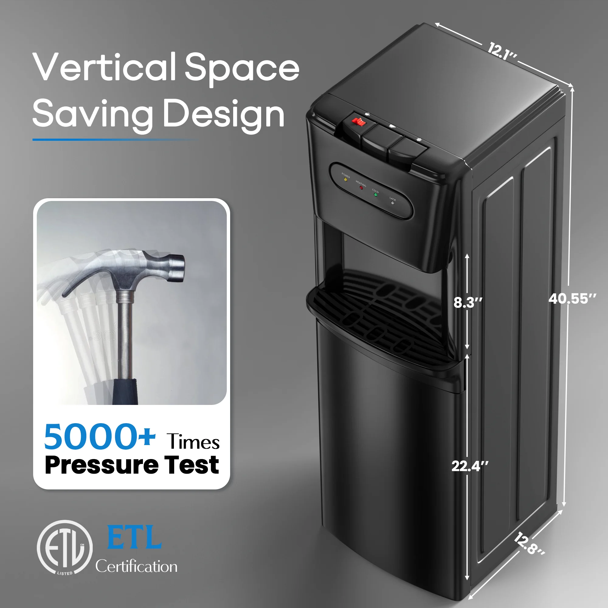 Bottom Loading Water Dispenser for 3 or 5 Gallons, 3 Temperatures (Cold/Hot/Warm) with Child Lock, Display Light, for Apartments, Schools, Companies, Black(Black) - Image 2